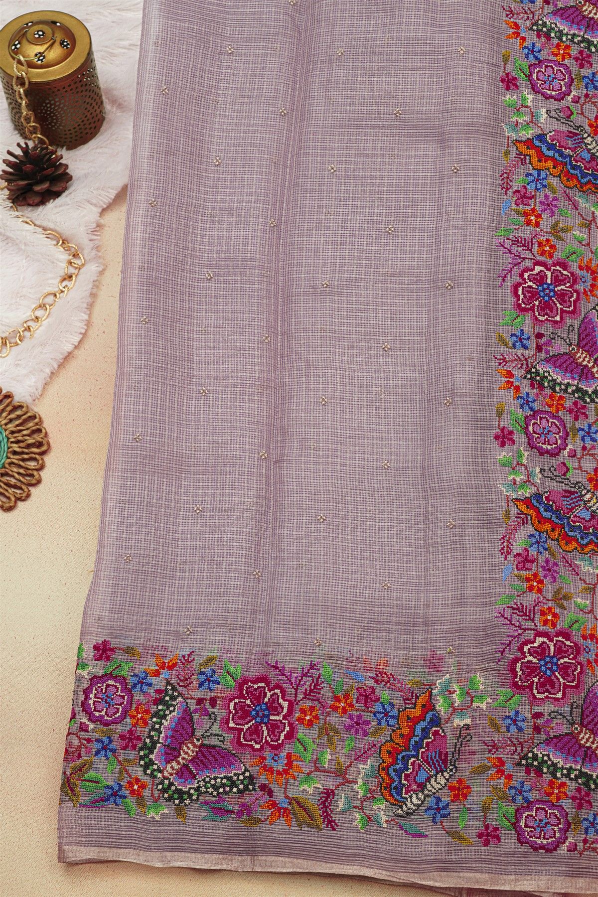 Fancy Tussar Onion Pink Saree With Florals And Butterflies In Thread Work Border