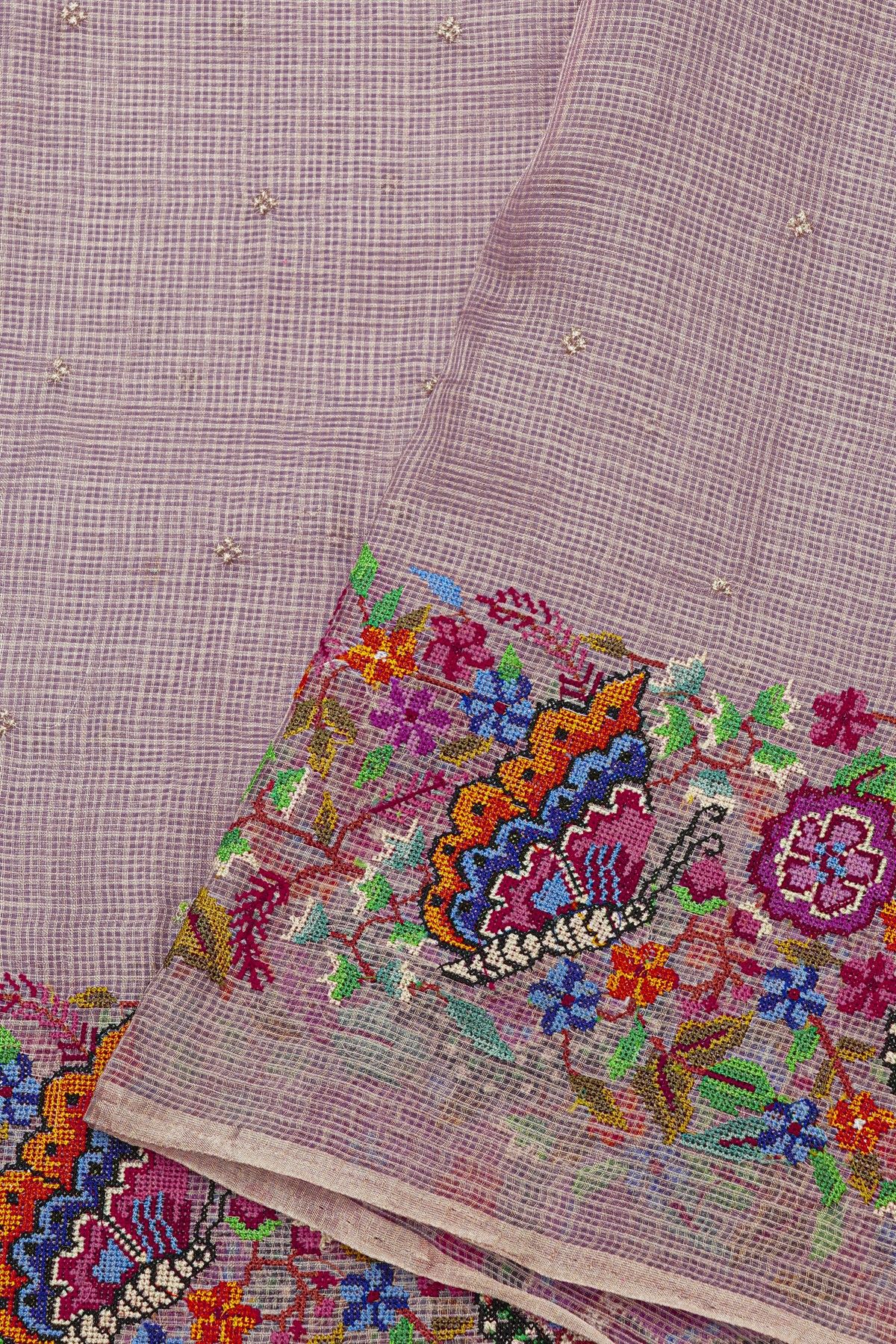 Fancy Tussar Onion Pink Saree With Florals And Butterflies In Thread Work Border