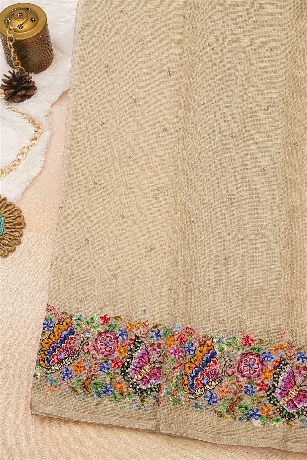 Fancy Tussar Off White Saree With Florals And Butterflies In Thread Work Border