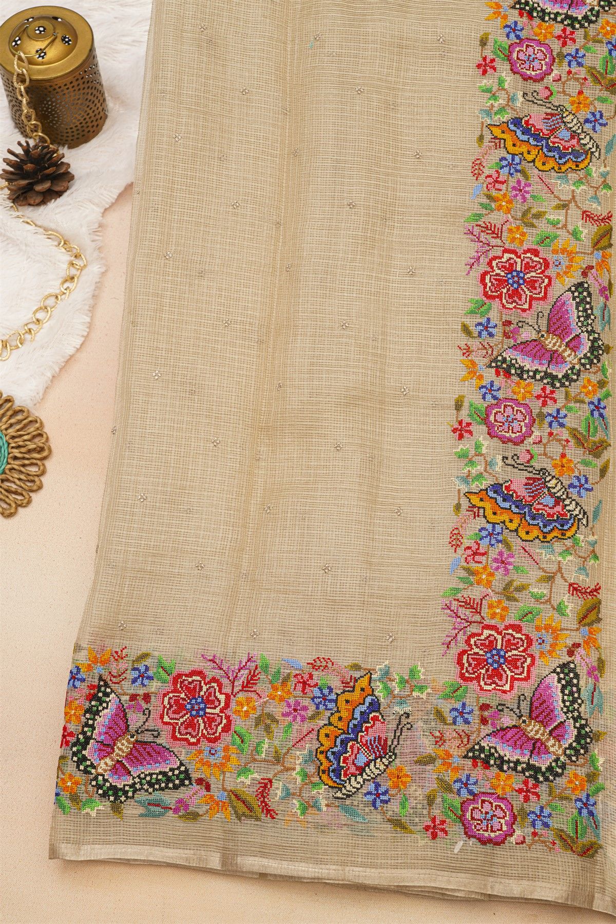 Fancy Tussar Off White Saree With Florals And Butterflies In Thread Work Border