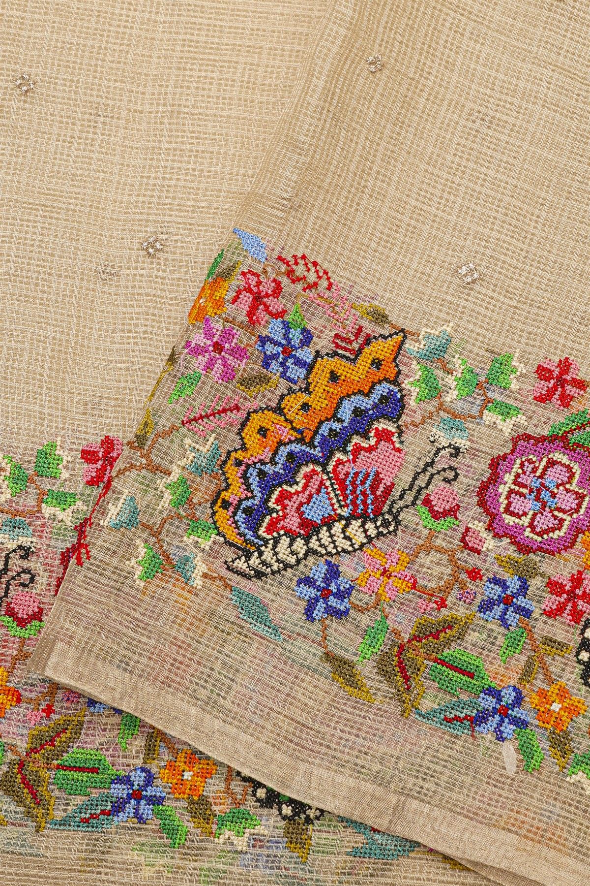 Fancy Tussar Off White Saree With Florals And Butterflies In Thread Work Border