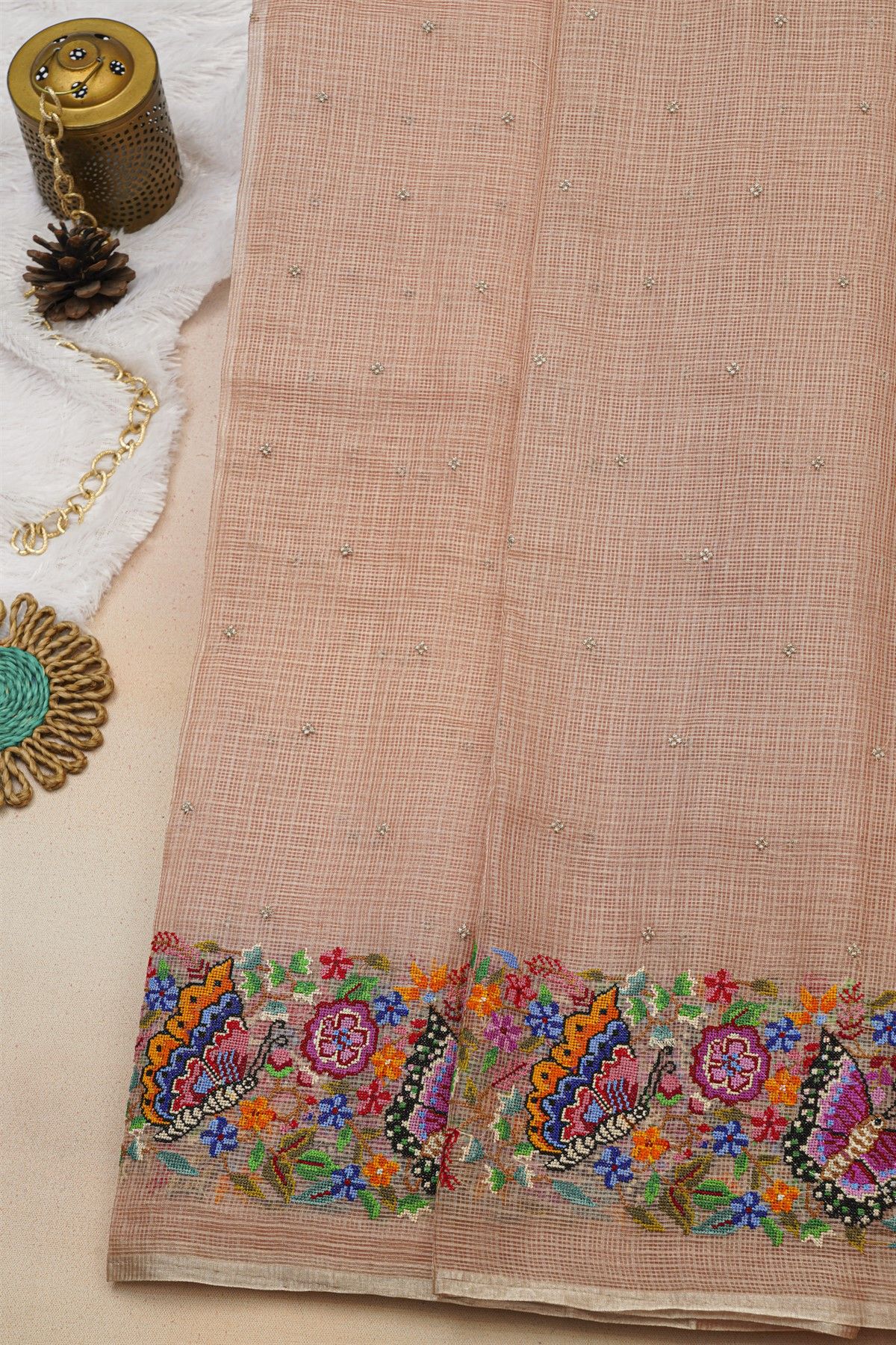 Fancy Tussar Dual Colour Saree With Floral And Butterflies In Thread Work Border