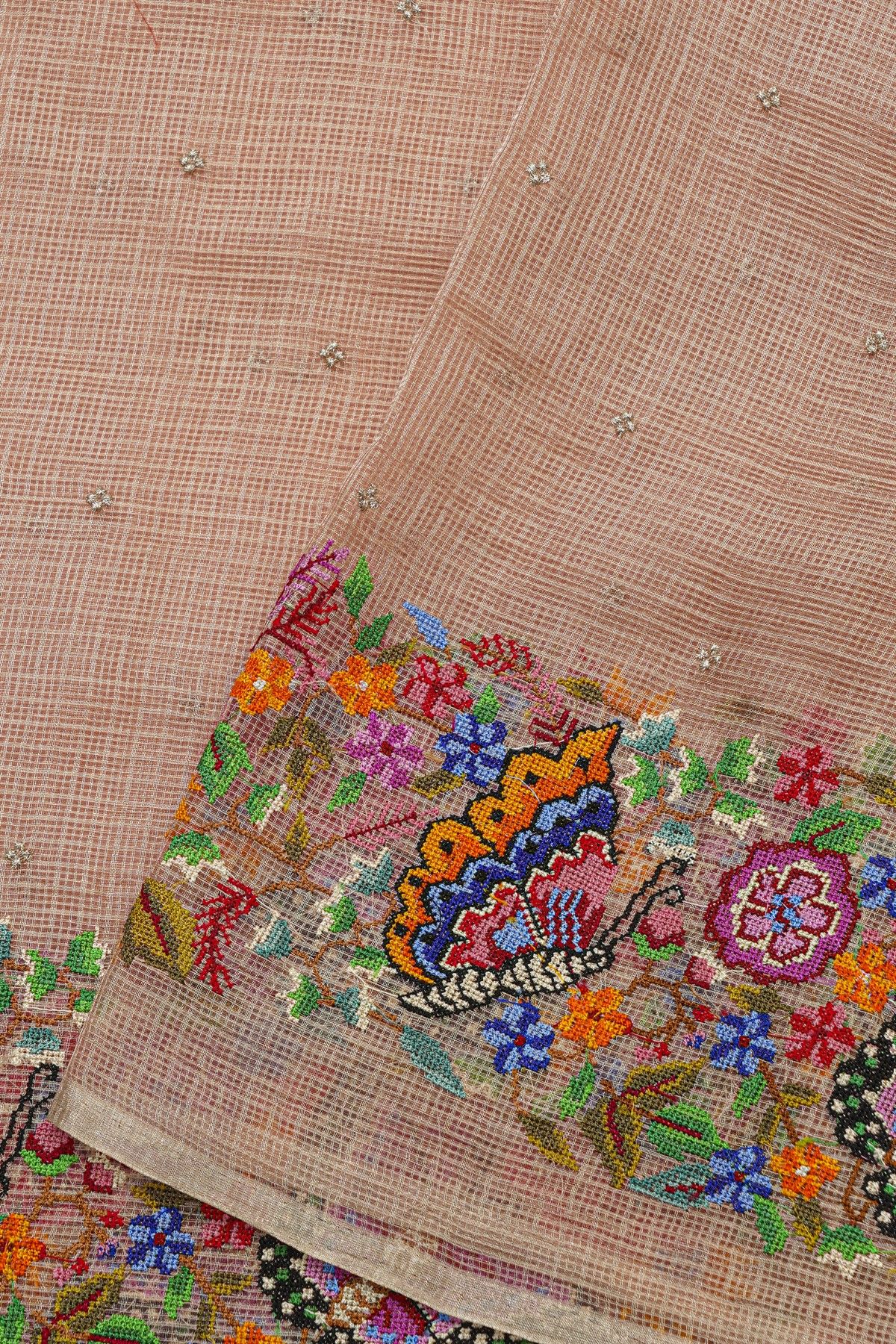 Fancy Tussar Dual Colour Saree With Floral And Butterflies In Thread Work Border