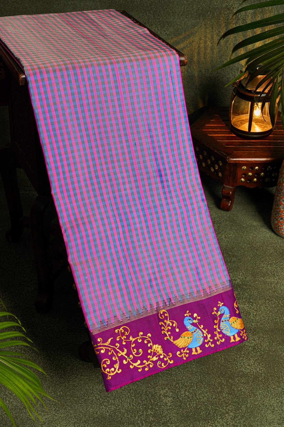 Gadwal Silk Multi-Colour Saree With Tanjore Hand-Painted Florals And Peacocks Border