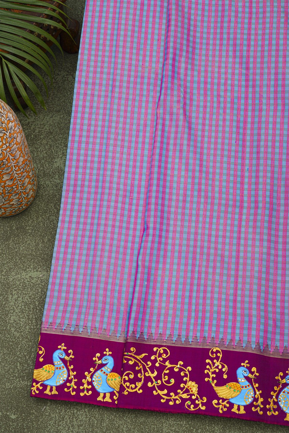 Gadwal Silk Multi-Colour Saree With Tanjore Hand-Painted Florals And Peacocks Border