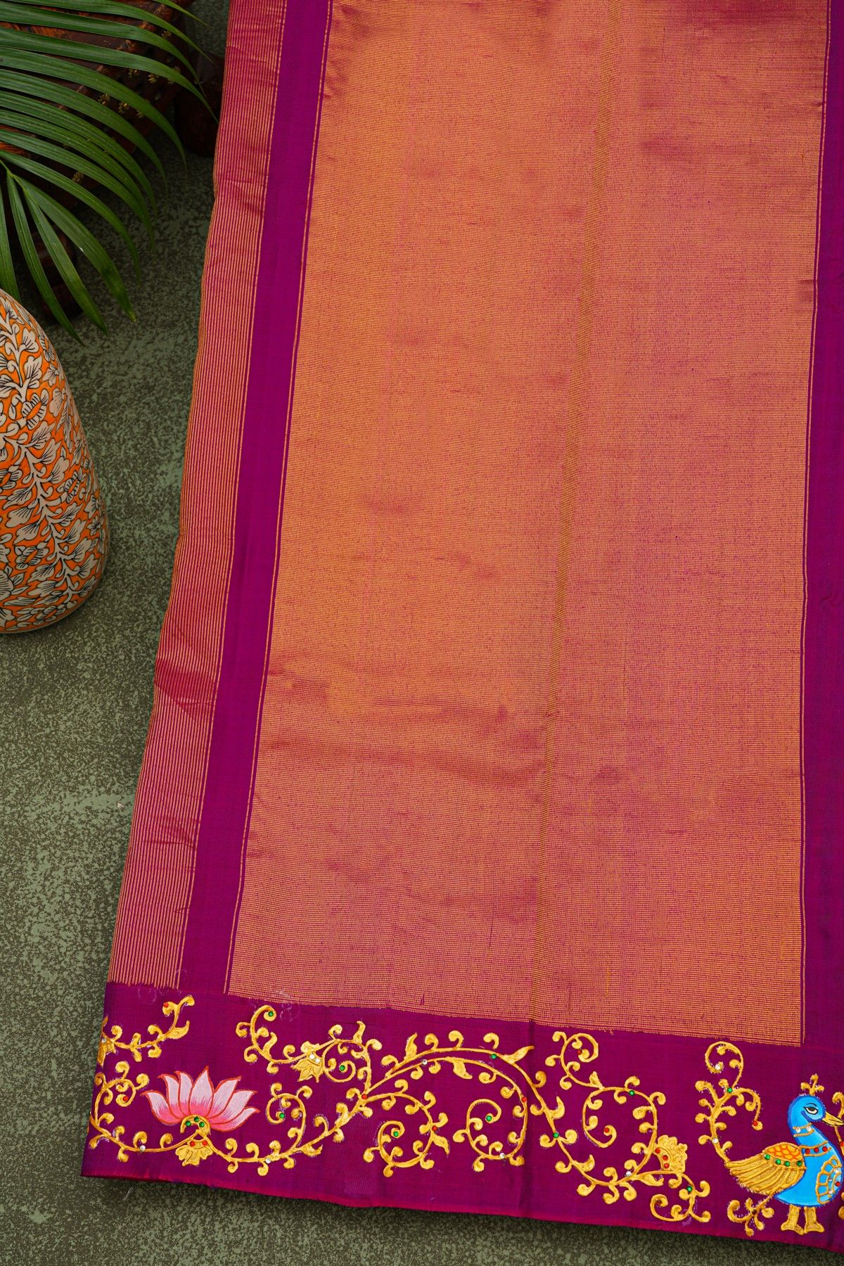 Gadwal Silk Multi-Colour Saree With Tanjore Hand-Painted Florals And Peacocks Border