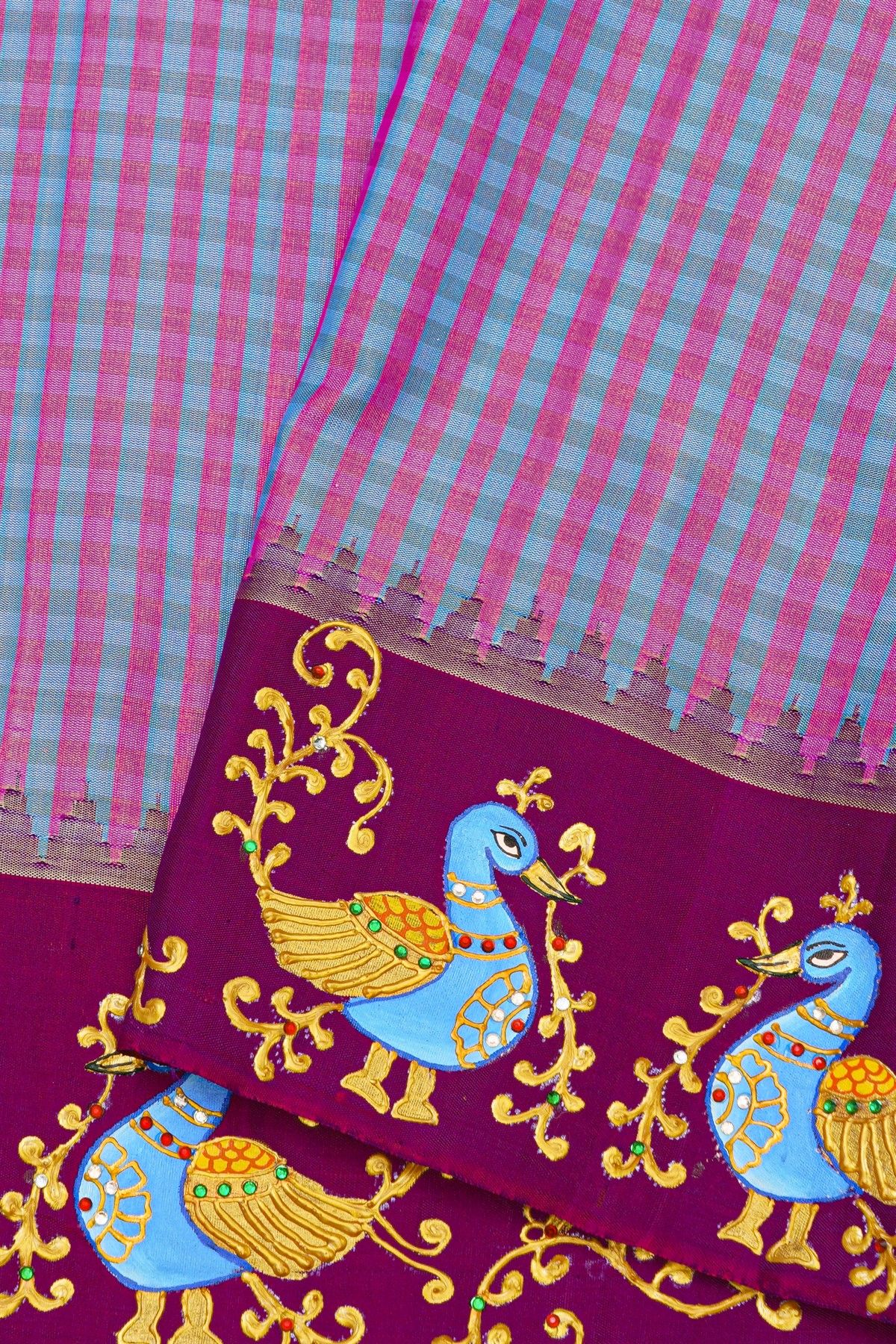 Gadwal Silk Multi-Colour Saree With Tanjore Hand-Painted Florals And Peacocks Border