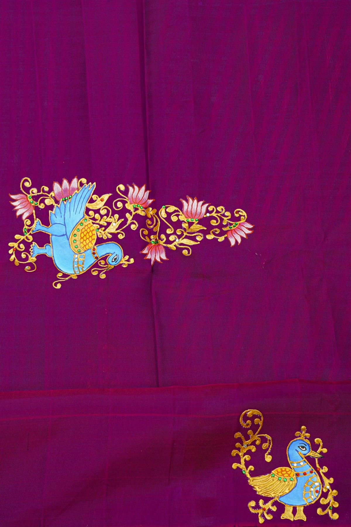 Gadwal Silk Multi-Colour Saree With Tanjore Hand-Painted Florals And Peacocks Border