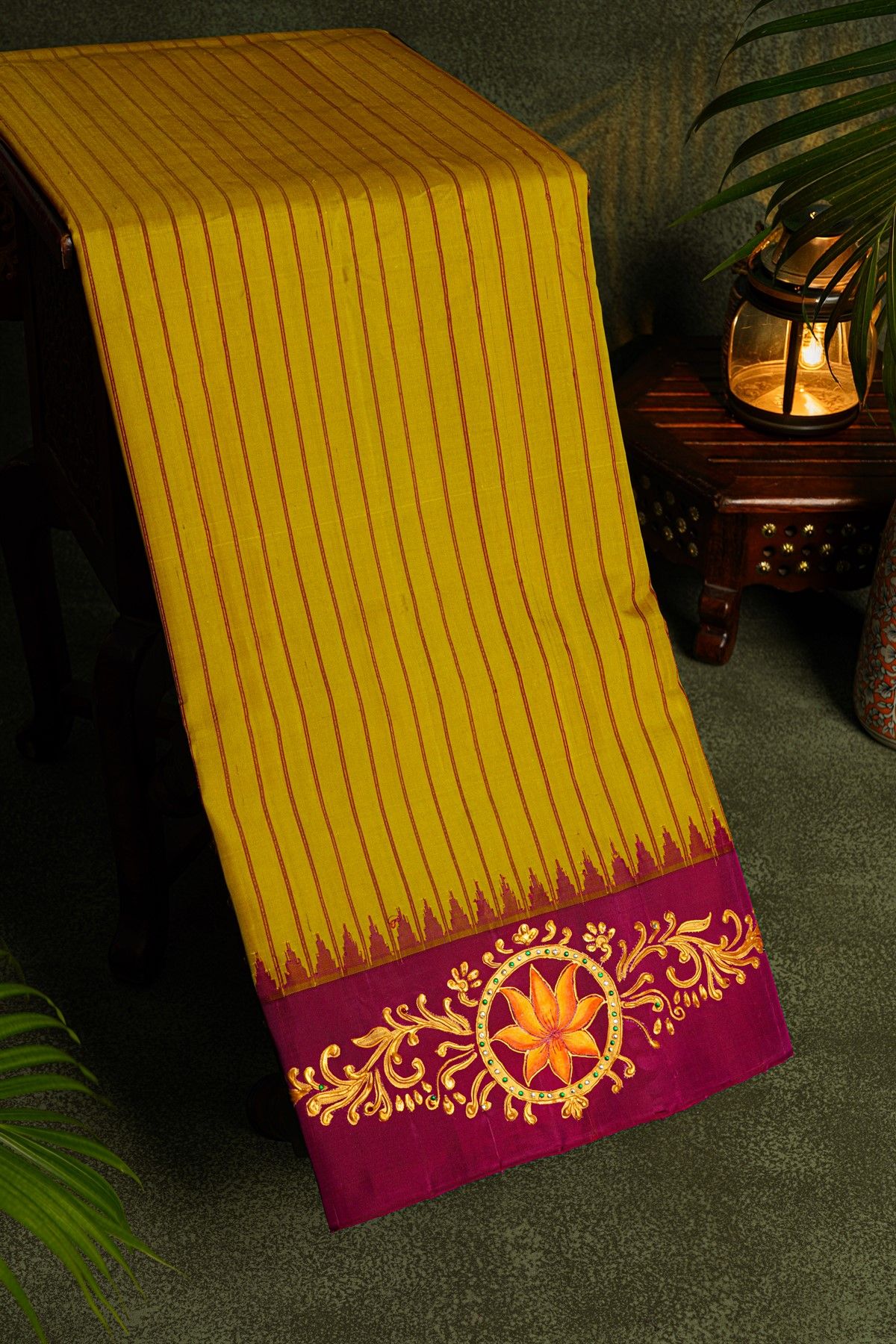 Gadwal Silk Mustard Saree With Tanjore Hand-Painted Florals Border