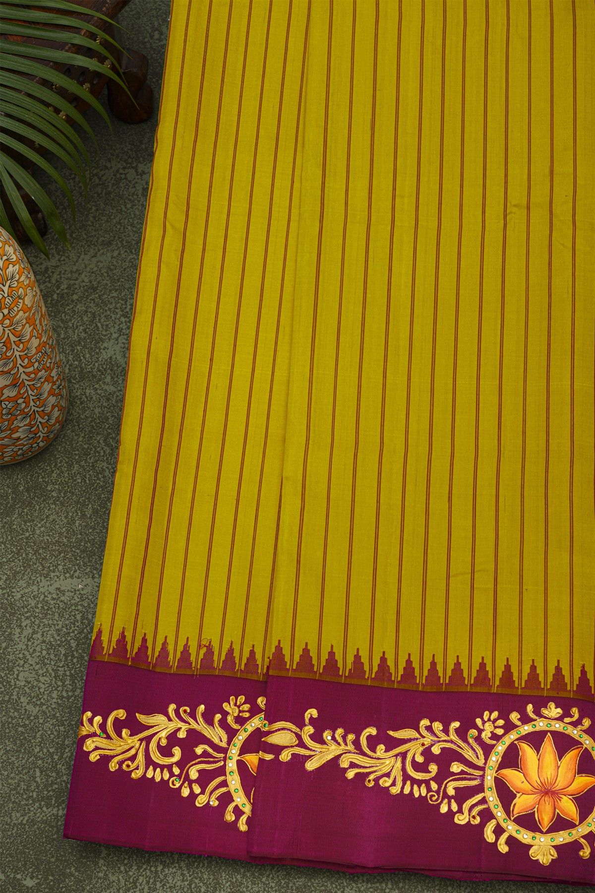 Gadwal Silk Mustard Saree With Tanjore Hand-Painted Florals Border