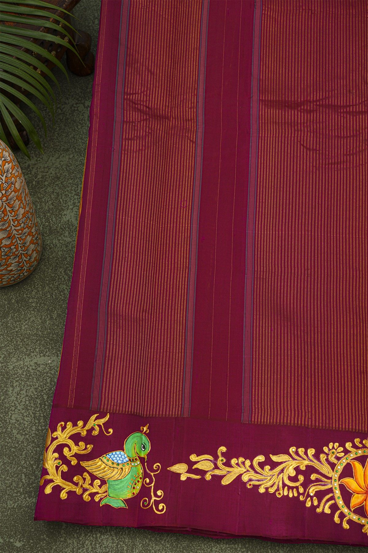 Gadwal Silk Mustard Saree With Tanjore Hand-Painted Florals Border
