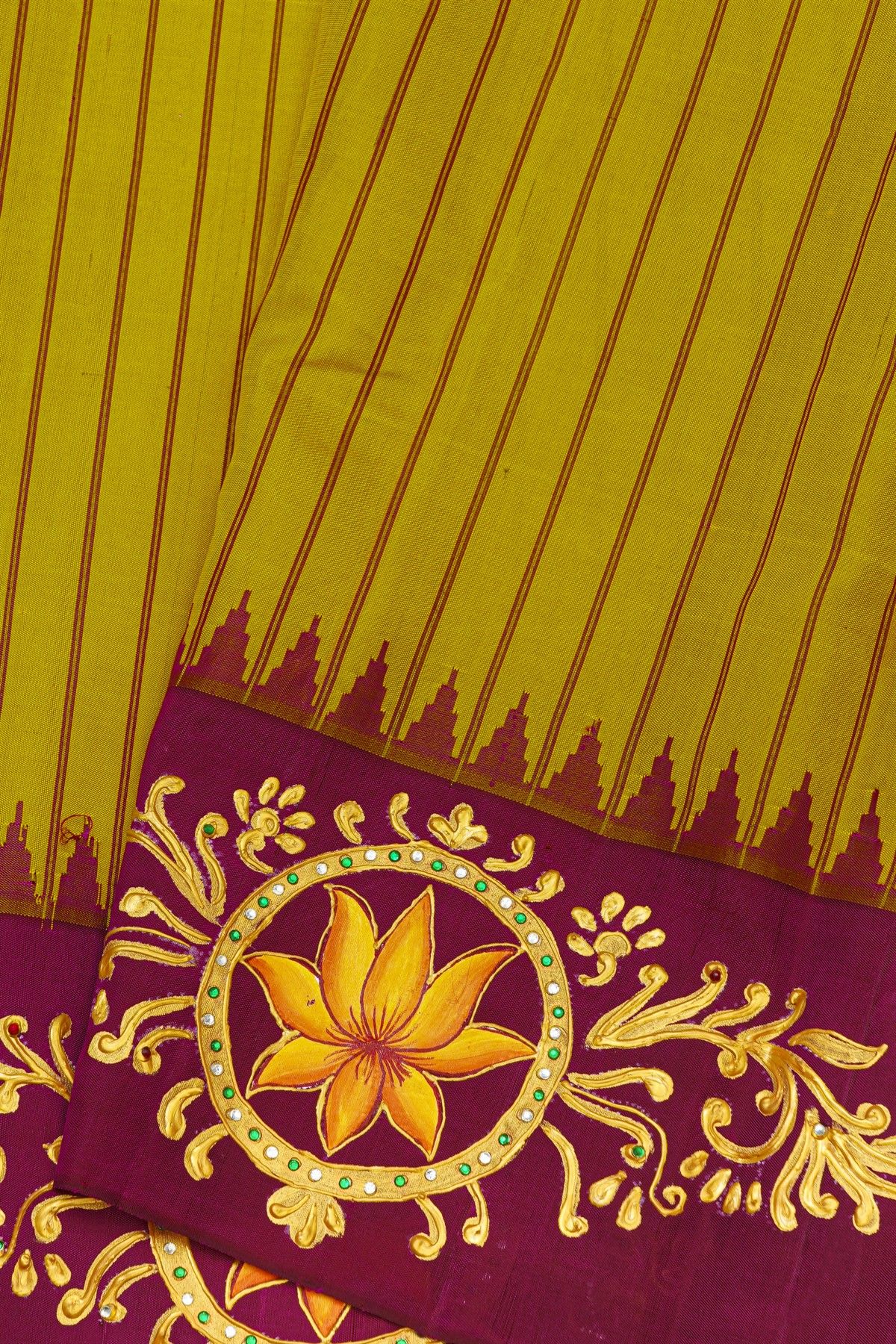 Gadwal Silk Mustard Saree With Tanjore Hand-Painted Florals Border