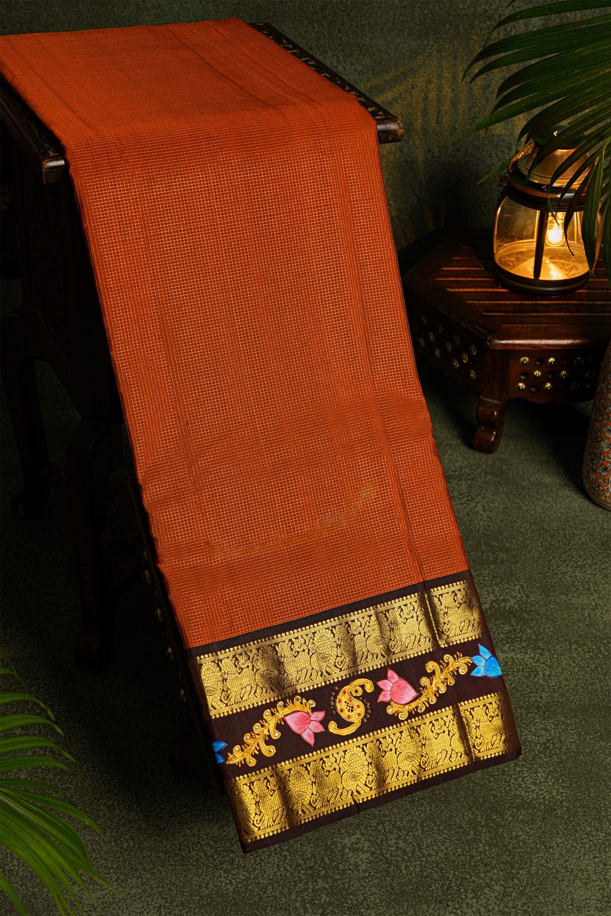 Gadwal Silk Rust Saree With Tanjore Hand-Painted Florals Border
