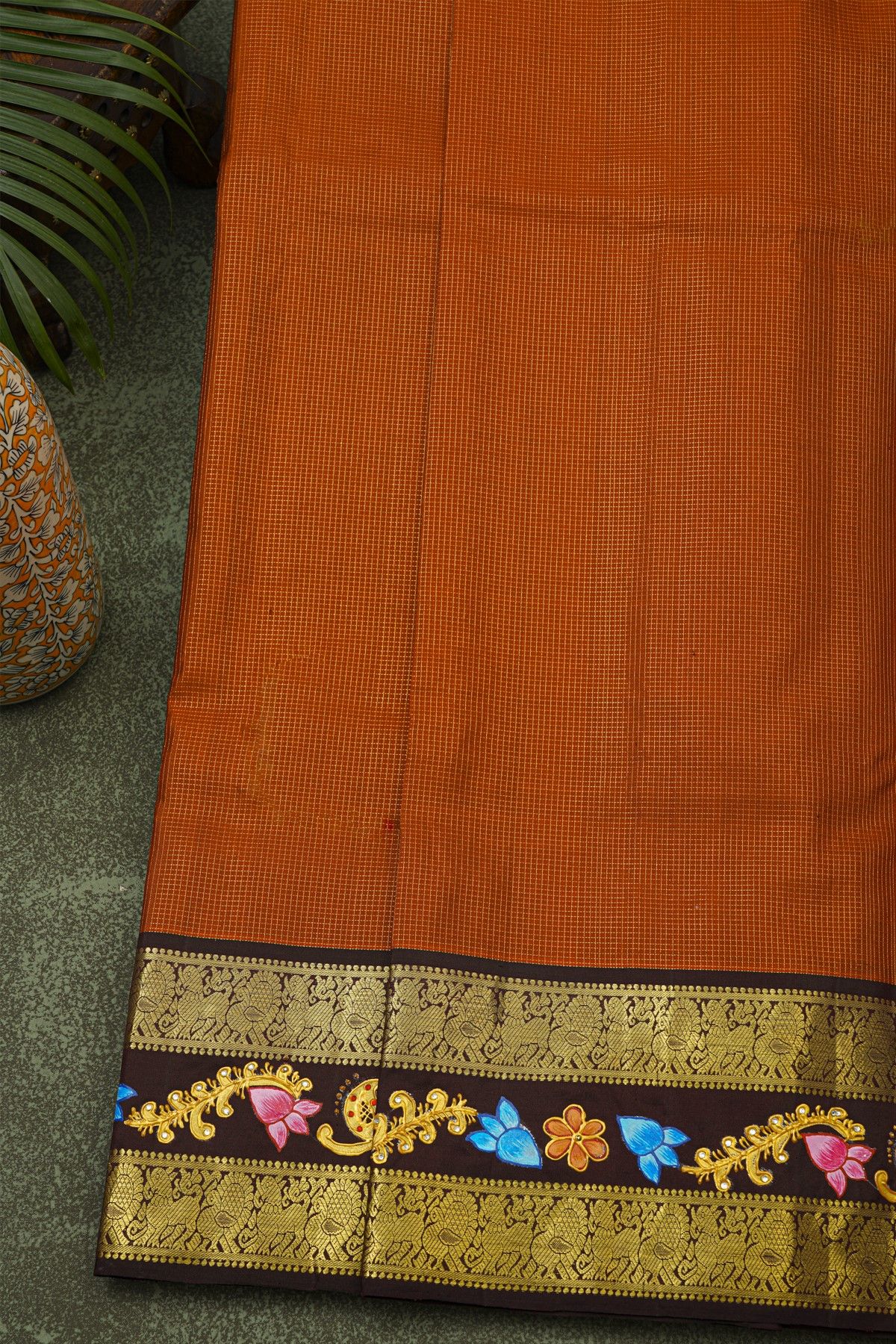 Gadwal Silk Rust Saree With Tanjore Hand-Painted Florals Border