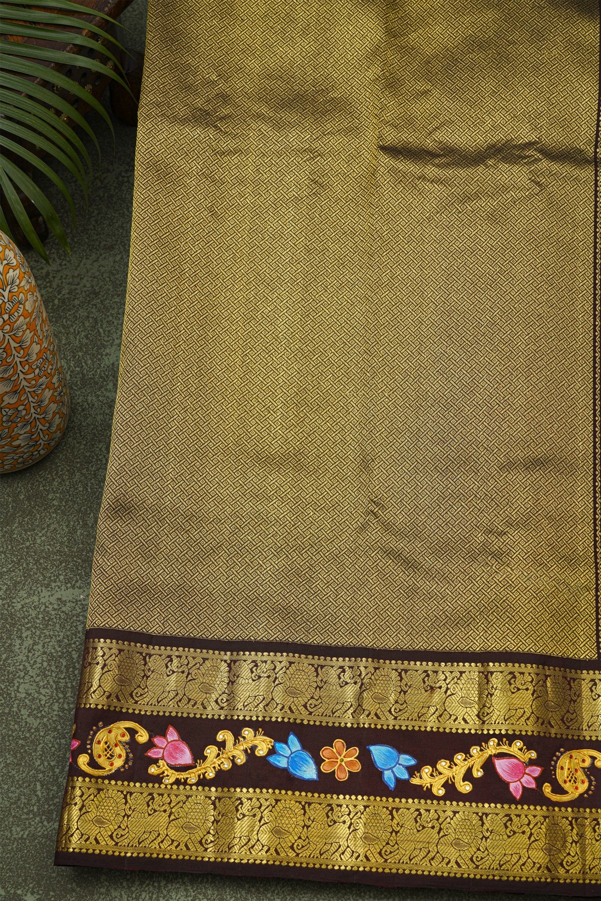 Gadwal Silk Rust Saree With Tanjore Hand-Painted Florals Border