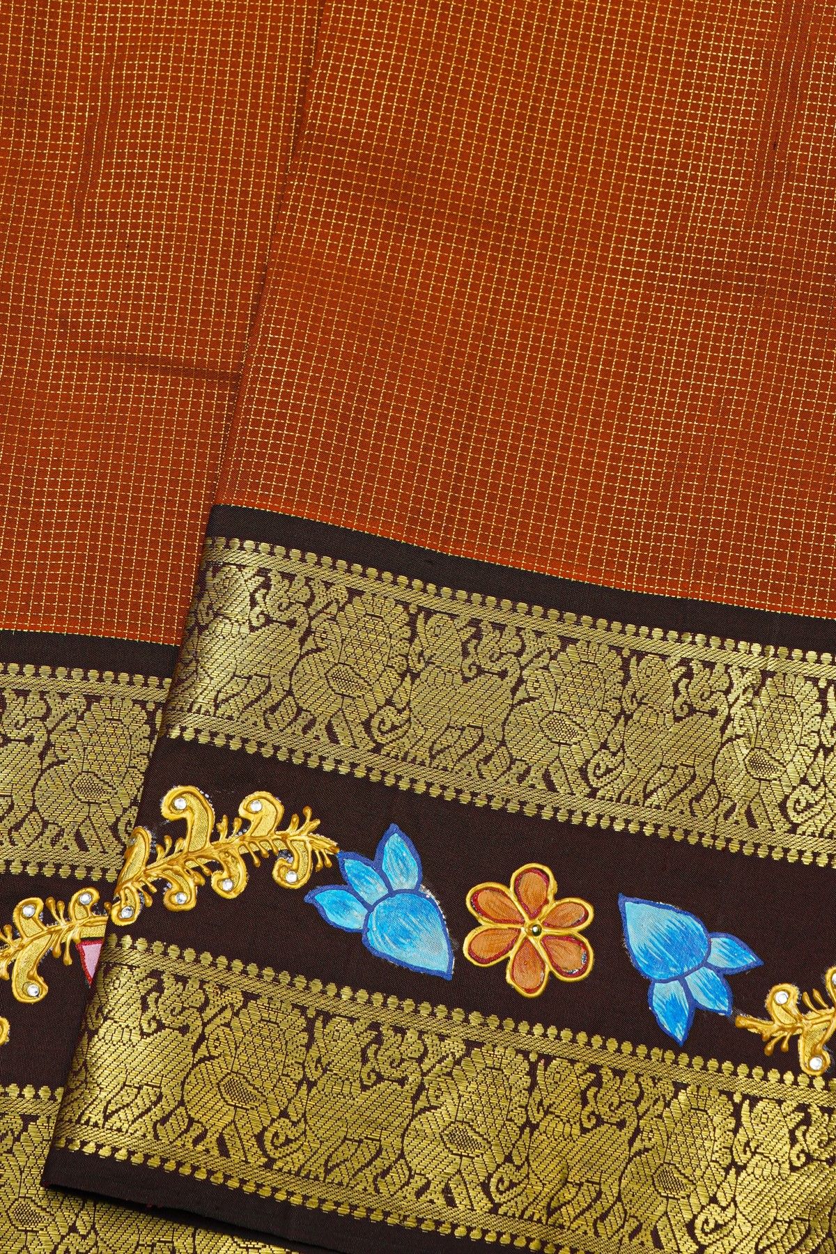 Gadwal Silk Rust Saree With Tanjore Hand-Painted Florals Border