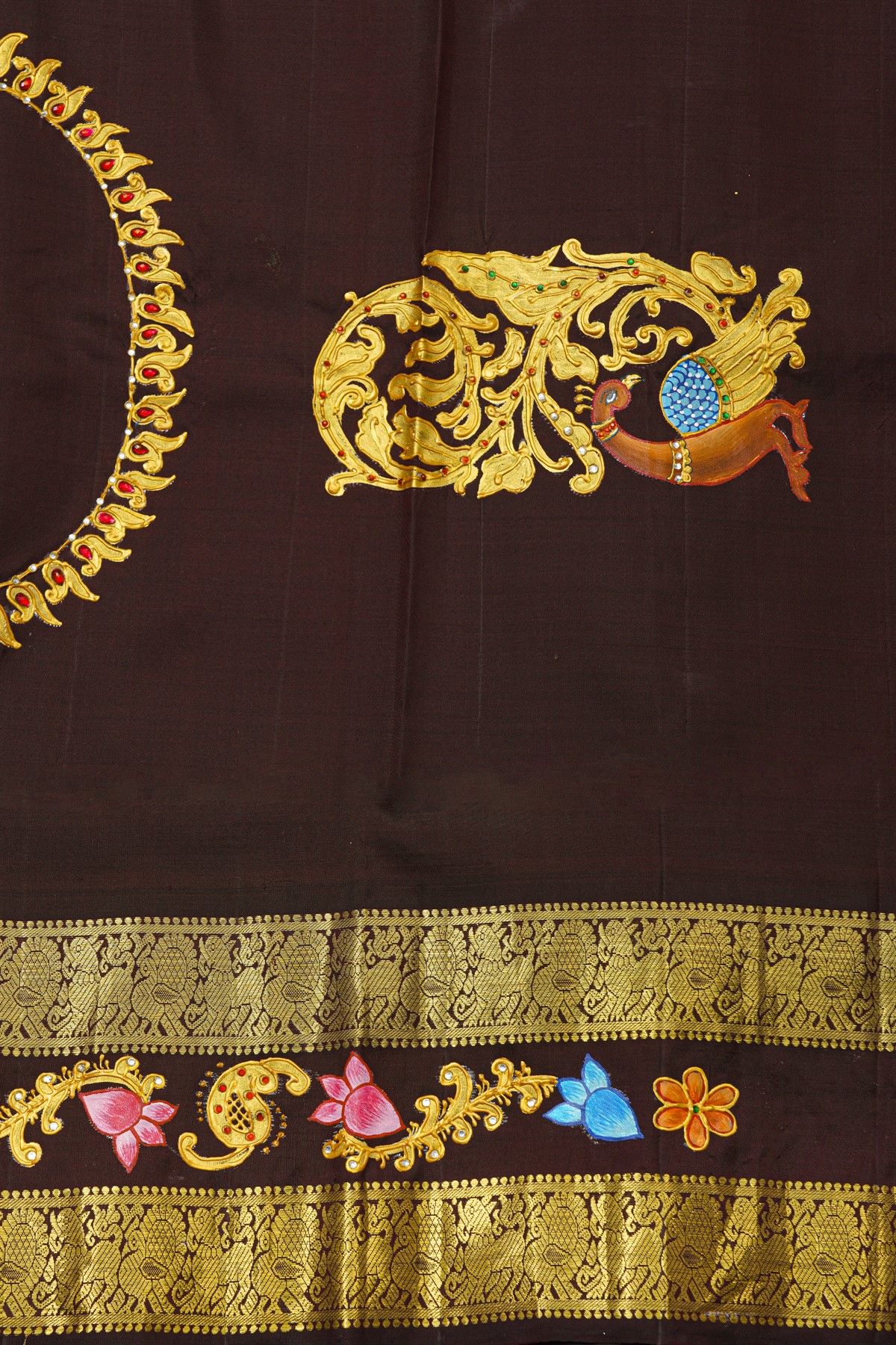 Gadwal Silk Rust Saree With Tanjore Hand-Painted Florals Border