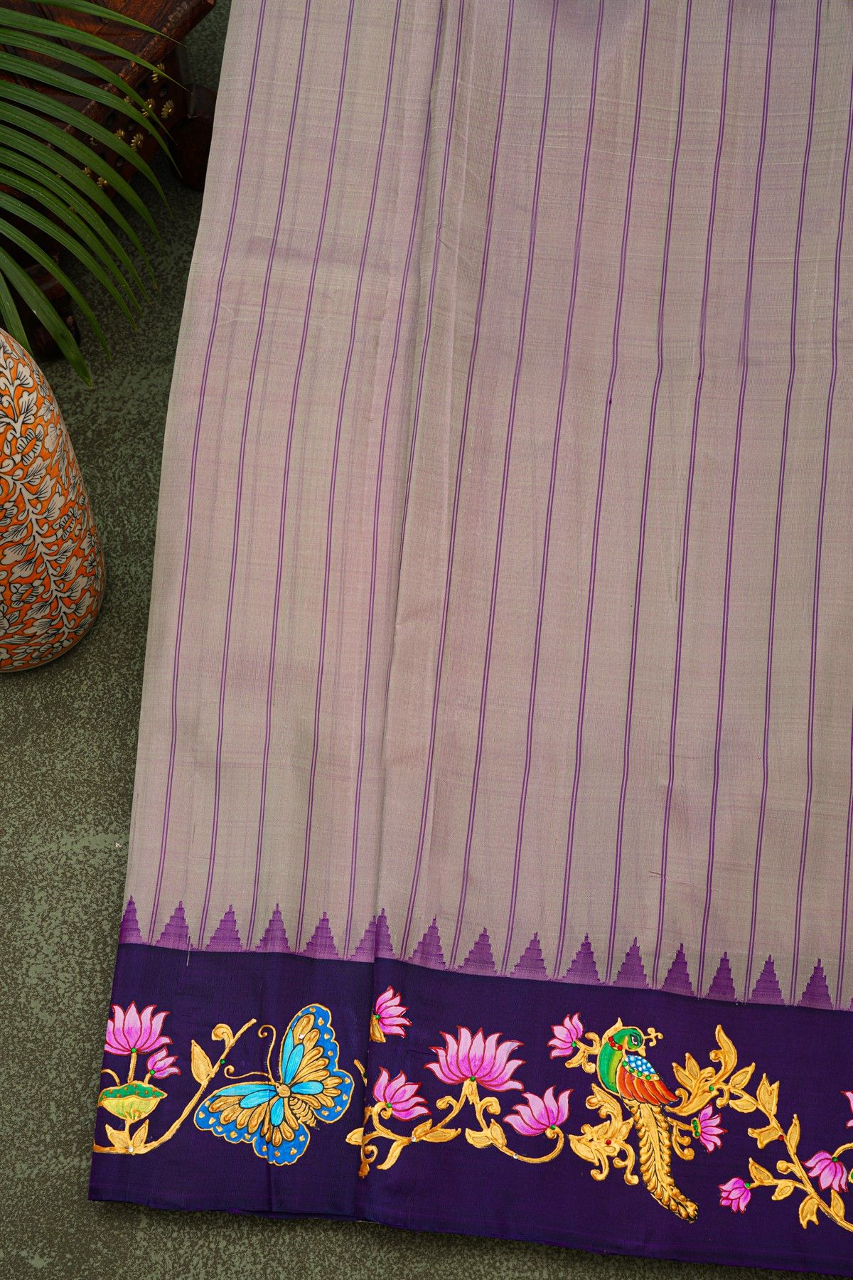 Gadwal Silk Dual Colour Saree With Tanjore Hand-Painted Florals And Peacocks Border