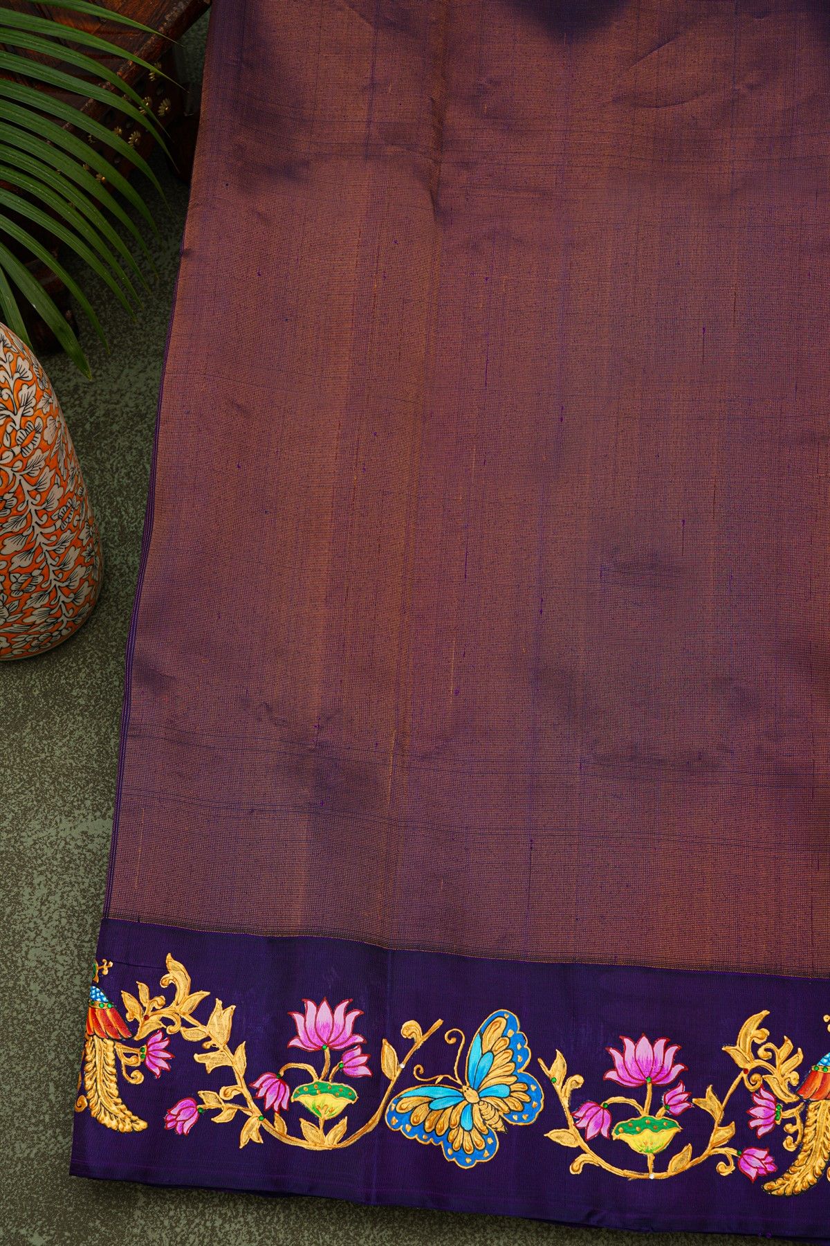 Gadwal Silk Dual Colour Saree With Tanjore Hand-Painted Florals And Peacocks Border