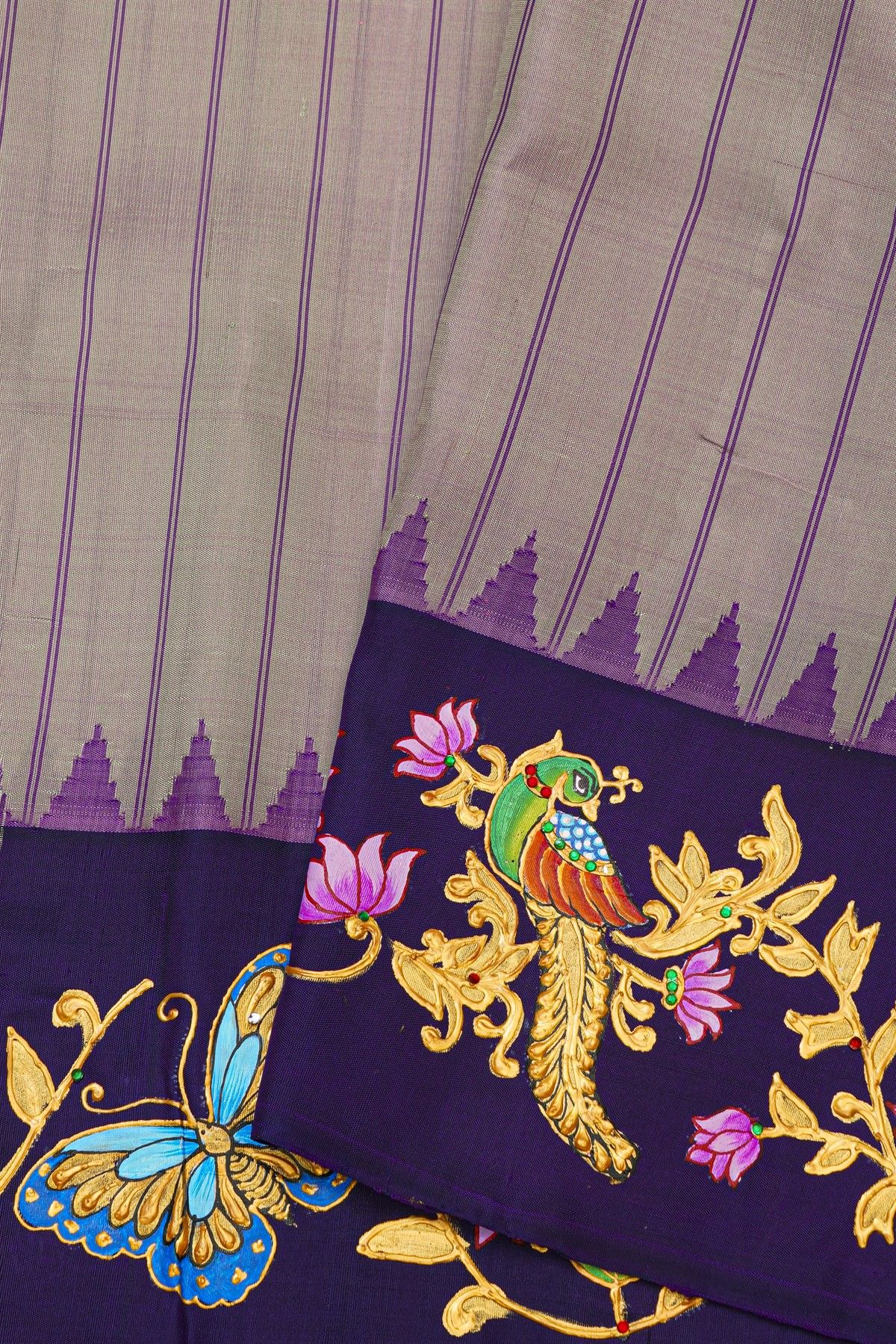Gadwal Silk Dual Colour Saree With Tanjore Hand-Painted Florals And Peacocks Border