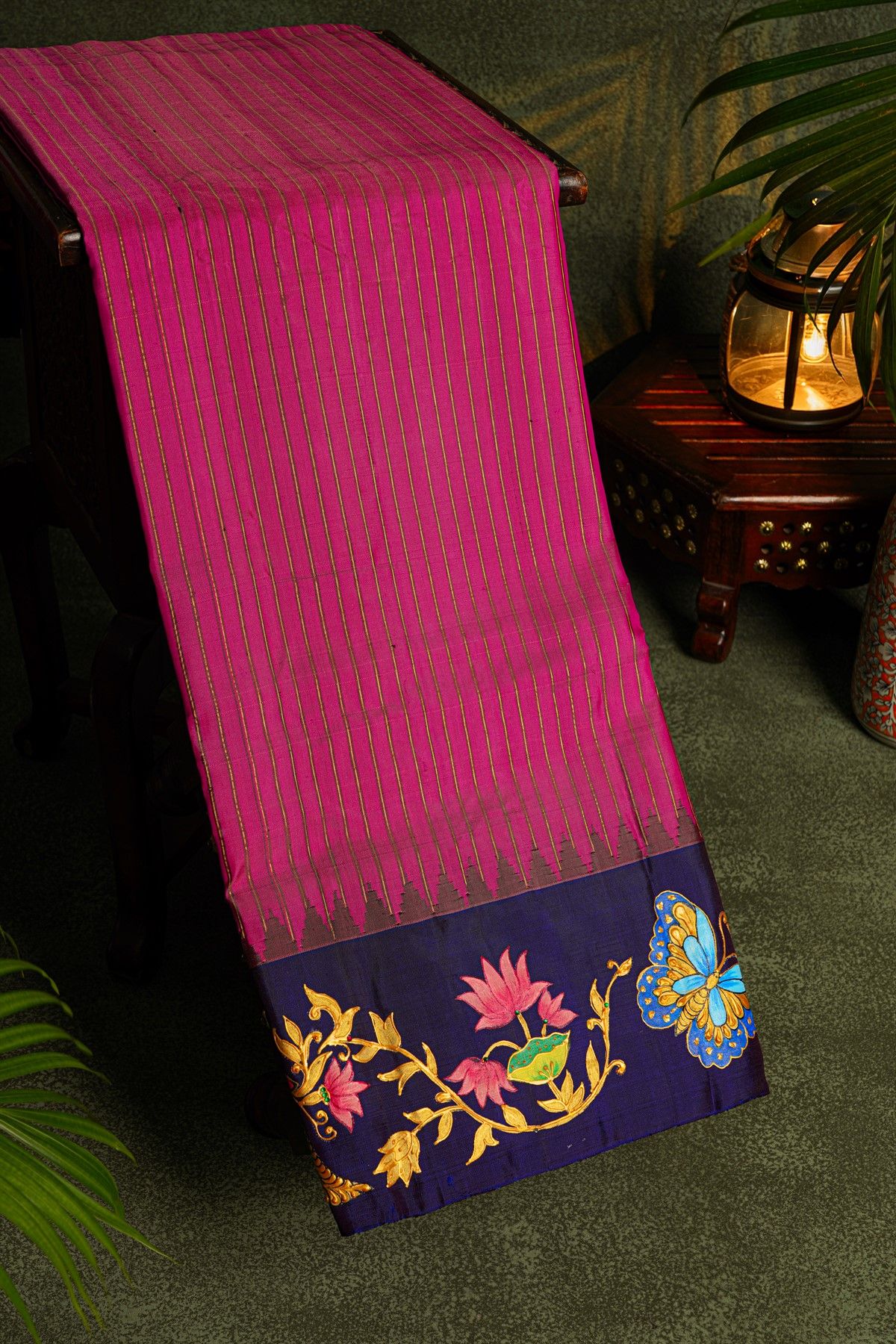 Gadwal Silk Magenta Saree With Tanjore Hand-Painted Florals And Peacocks Border
