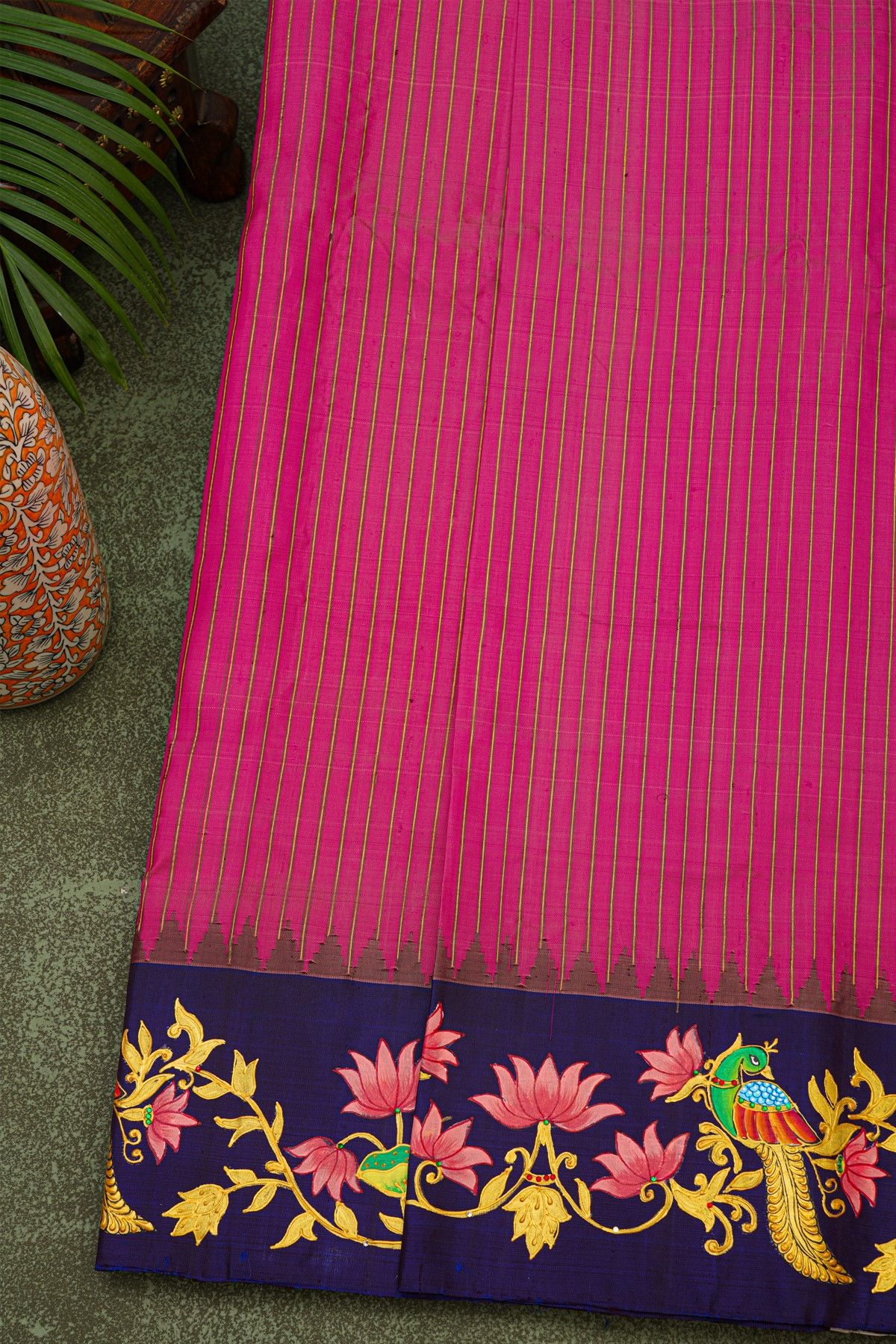 Gadwal Silk Magenta Saree With Tanjore Hand-Painted Florals And Peacocks Border