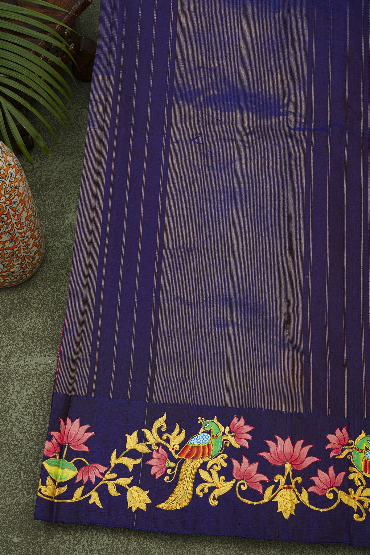 Gadwal Silk Magenta Saree With Tanjore Hand-Painted Florals And Peacocks Border