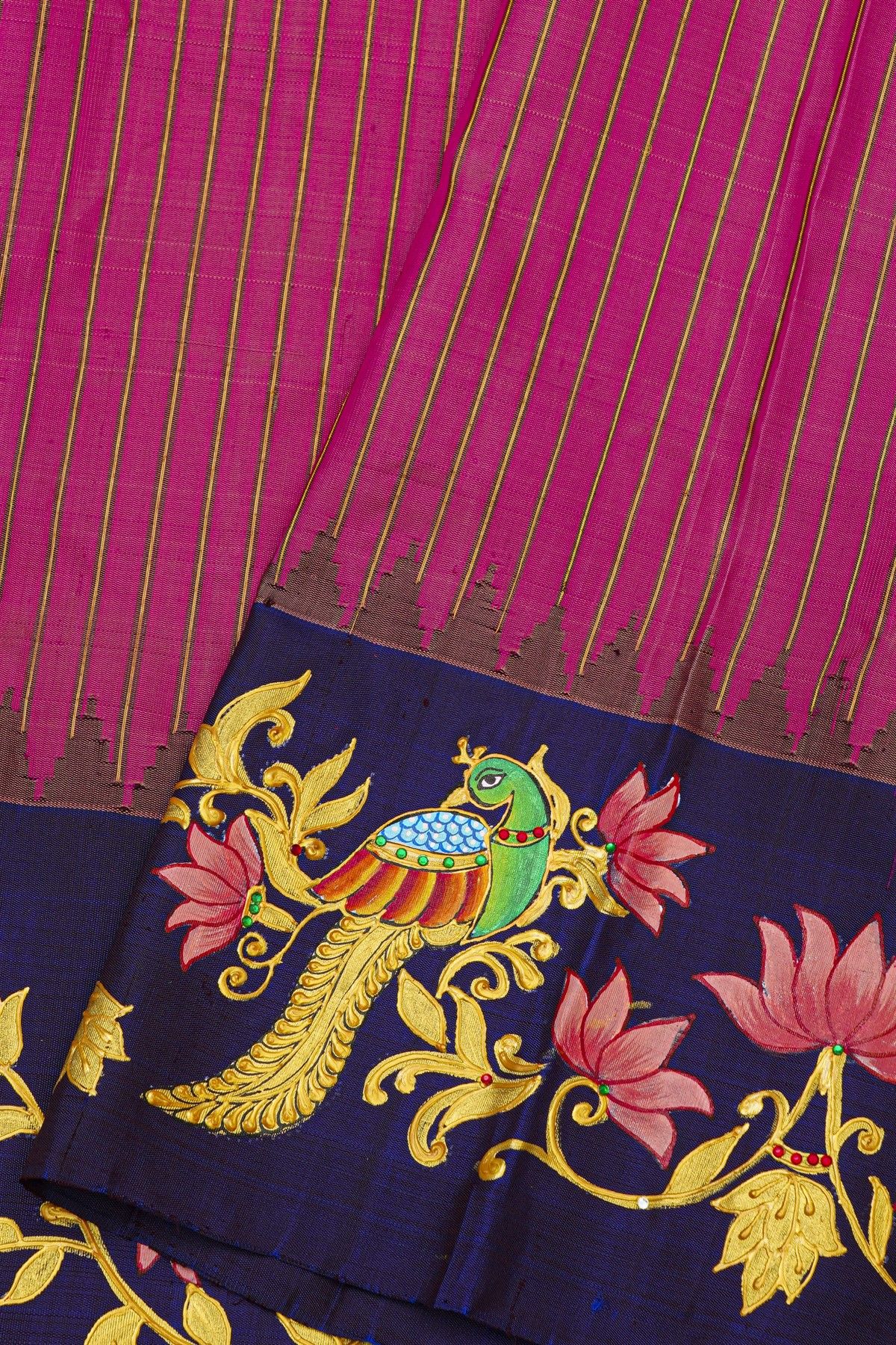 Gadwal Silk Magenta Saree With Tanjore Hand-Painted Florals And Peacocks Border