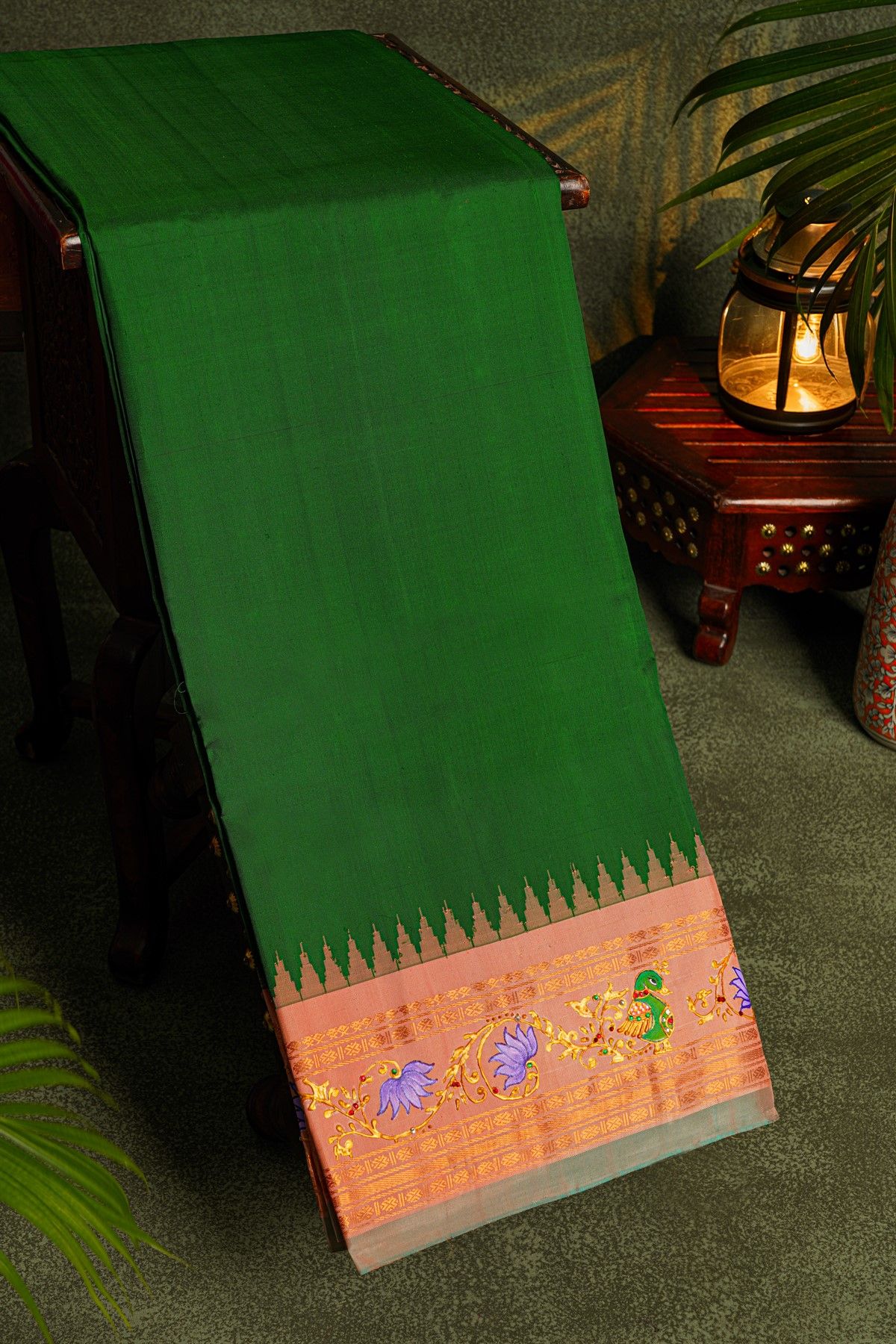 Gadwal Silk Bottle Green Saree With Tanjore Hand-Painted Florals Border