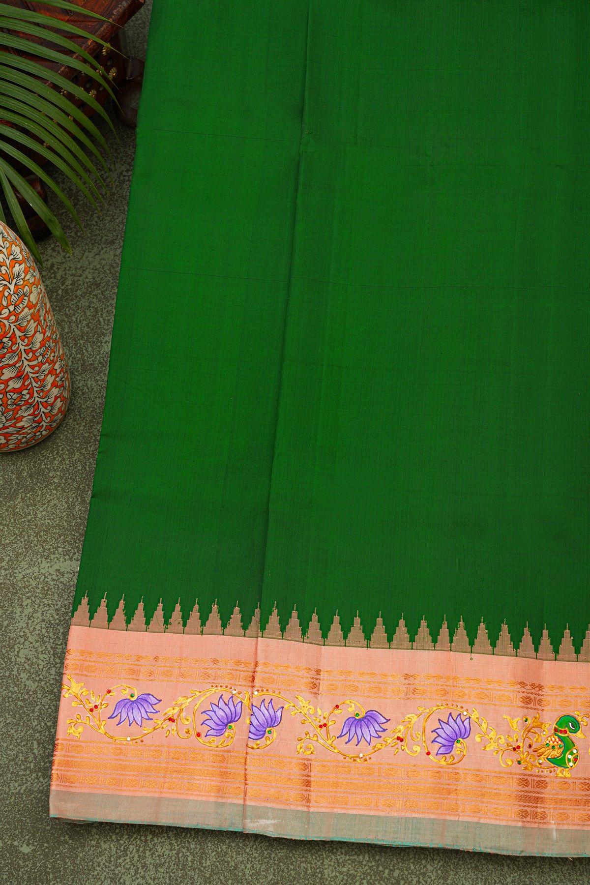 Gadwal Silk Bottle Green Saree With Tanjore Hand-Painted Florals Border