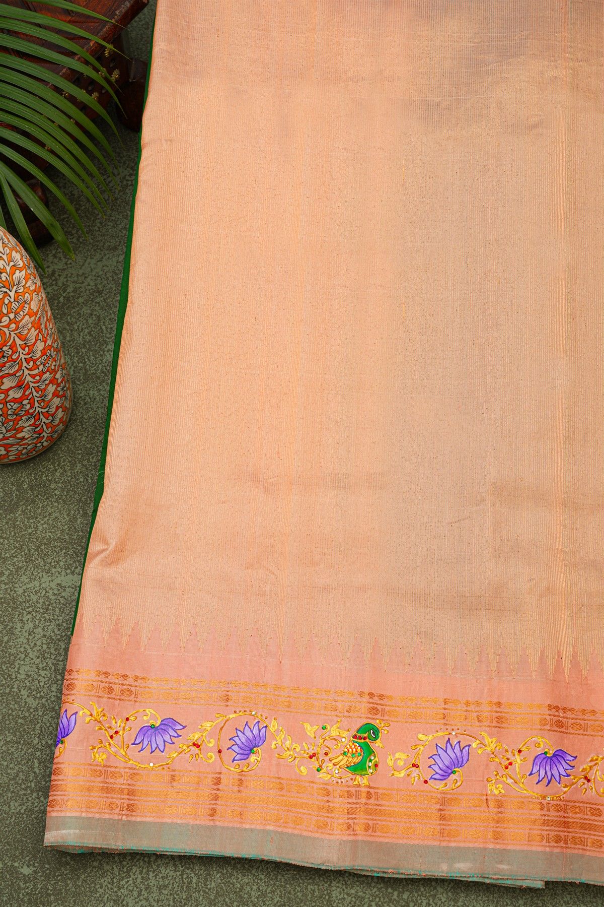 Gadwal Silk Bottle Green Saree With Tanjore Hand-Painted Florals Border