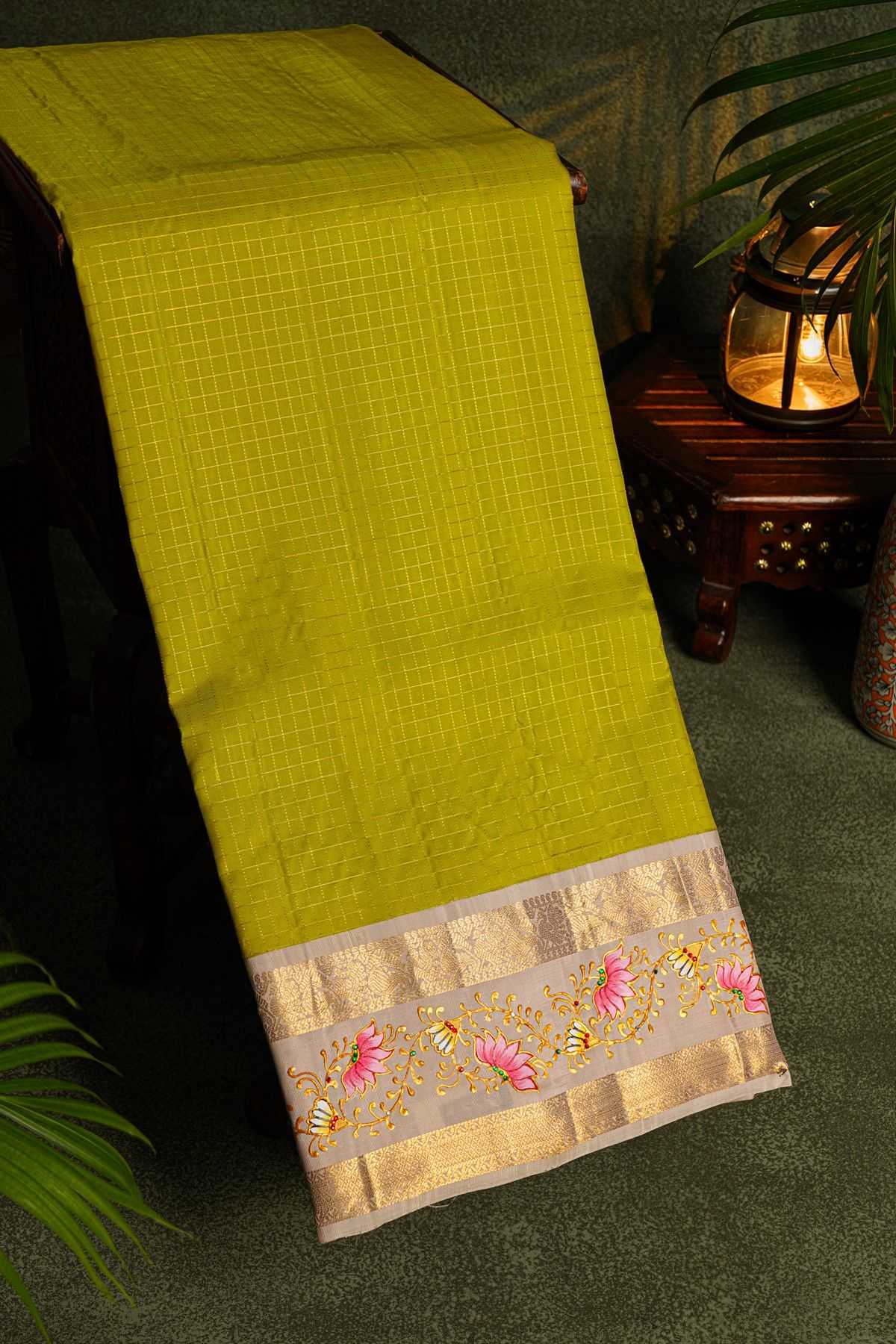 Gadwal Silk Parrot Green Saree With Tanjore Hand-Painted Florals Border