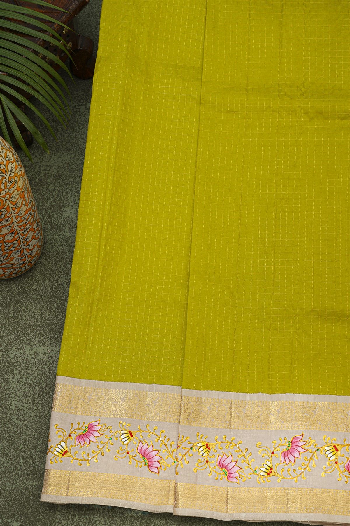 Gadwal Silk Parrot Green Saree With Tanjore Hand-Painted Florals Border