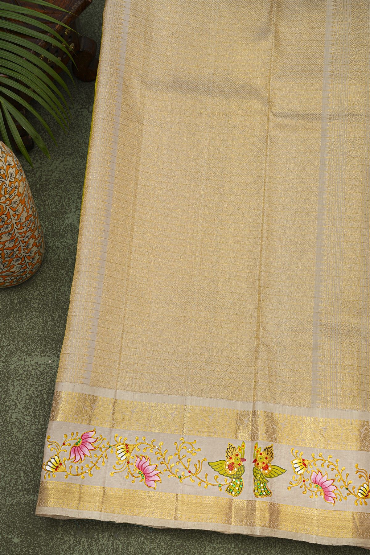 Gadwal Silk Parrot Green Saree With Tanjore Hand-Painted Florals Border