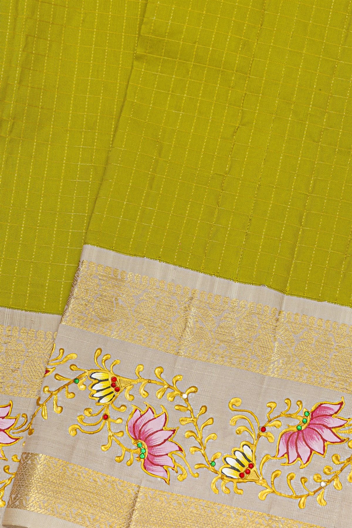 Gadwal Silk Parrot Green Saree With Tanjore Hand-Painted Florals Border