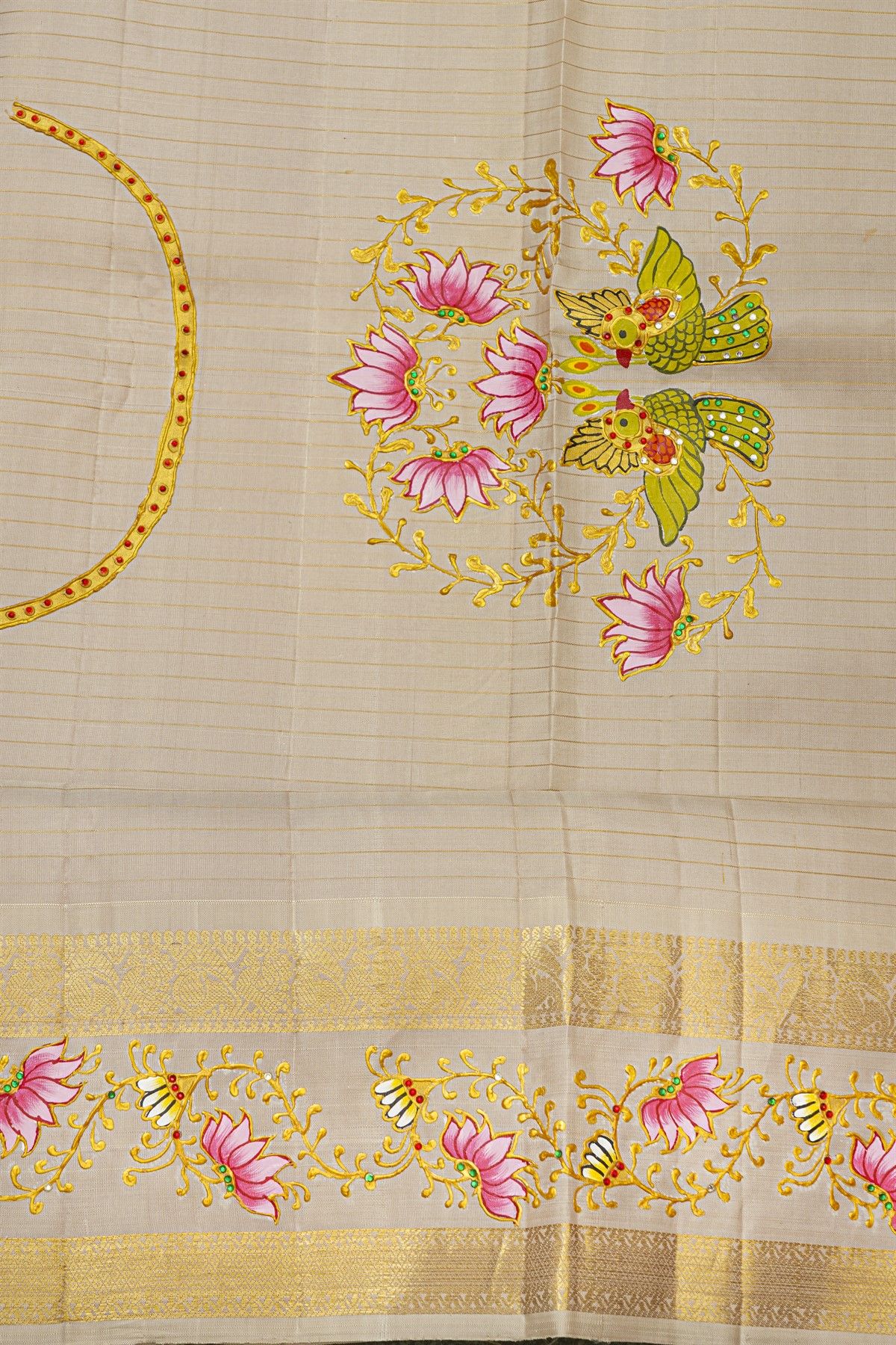 Gadwal Silk Parrot Green Saree With Tanjore Hand-Painted Florals Border