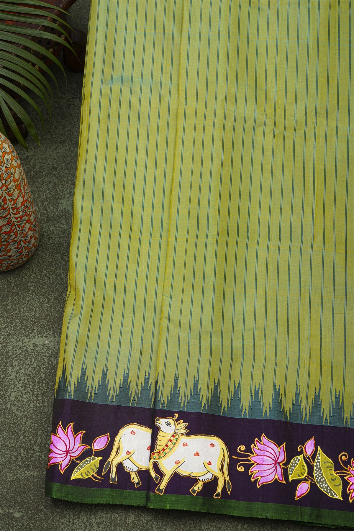 Gadwal Silk Light Green Saree With Tanjore Hand-Painted Florals And Pichwai Cows Border