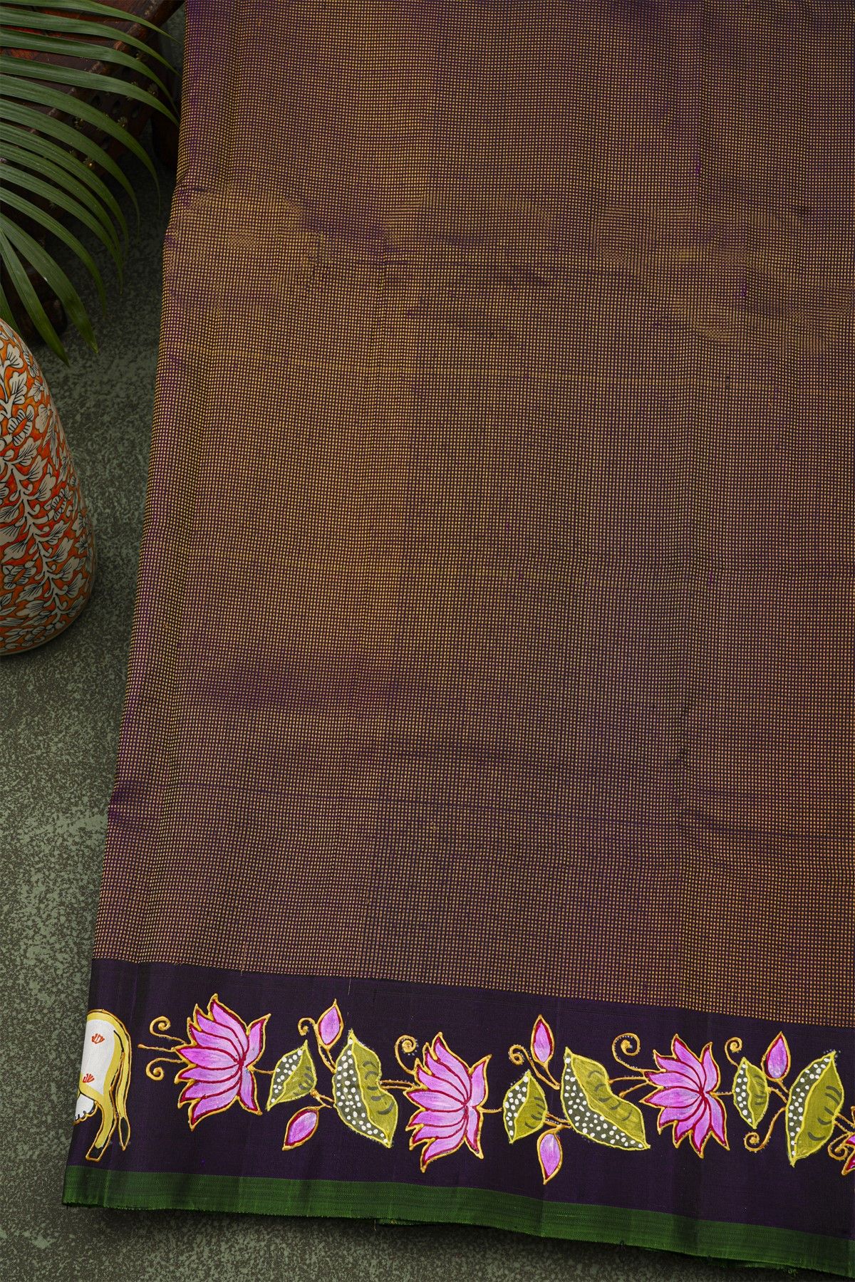 Gadwal Silk Light Green Saree With Tanjore Hand-Painted Florals And Pichwai Cows Border