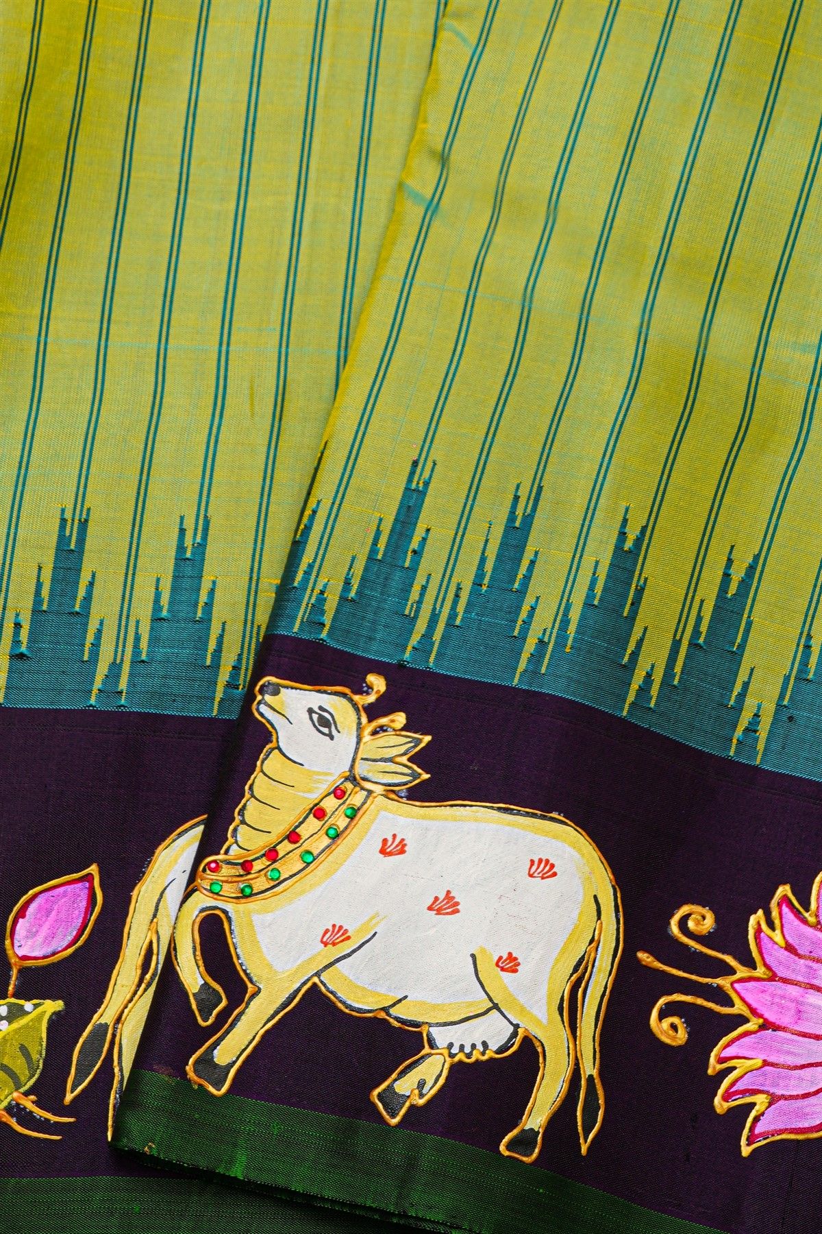 Gadwal Silk Light Green Saree With Tanjore Hand-Painted Florals And Pichwai Cows Border
