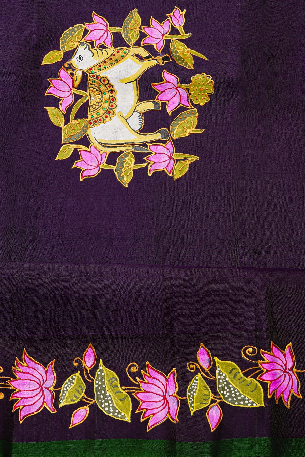 Gadwal Silk Light Green Saree With Tanjore Hand-Painted Florals And Pichwai Cows Border