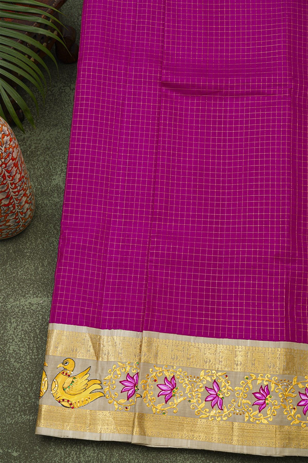 Gadwal Silk Purple Saree With Tanjore Hand-Painted Florals And Swans Border