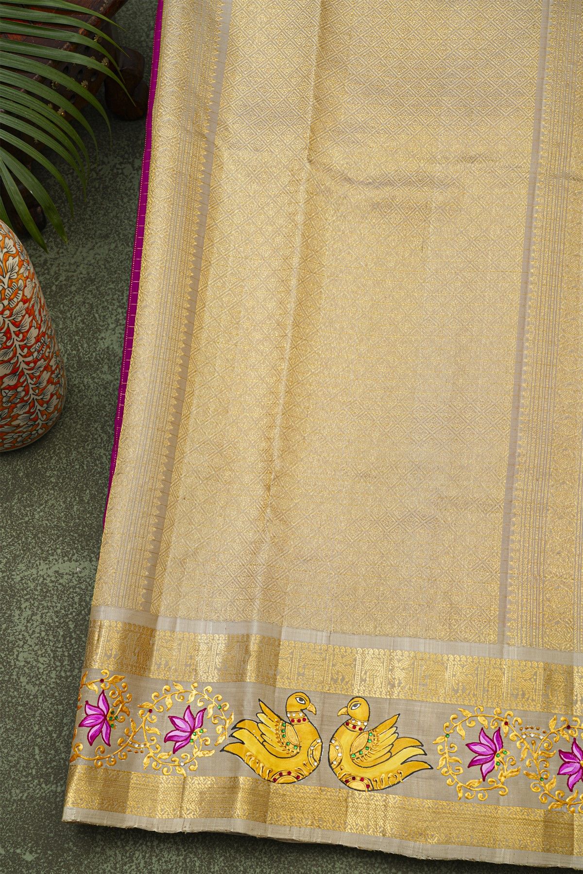 Gadwal Silk Purple Saree With Tanjore Hand-Painted Florals And Swans Border