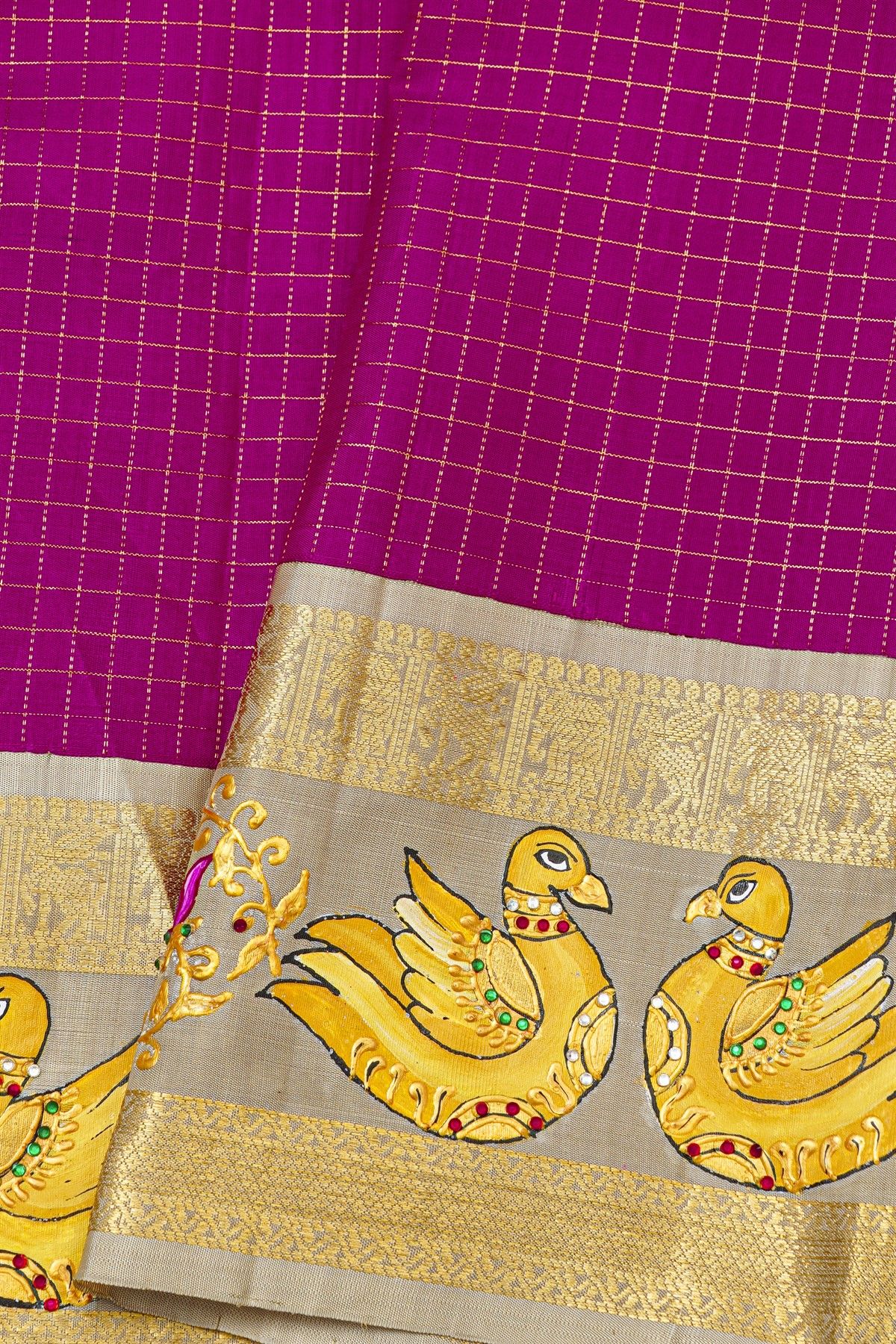 Gadwal Silk Purple Saree With Tanjore Hand-Painted Florals And Swans Border