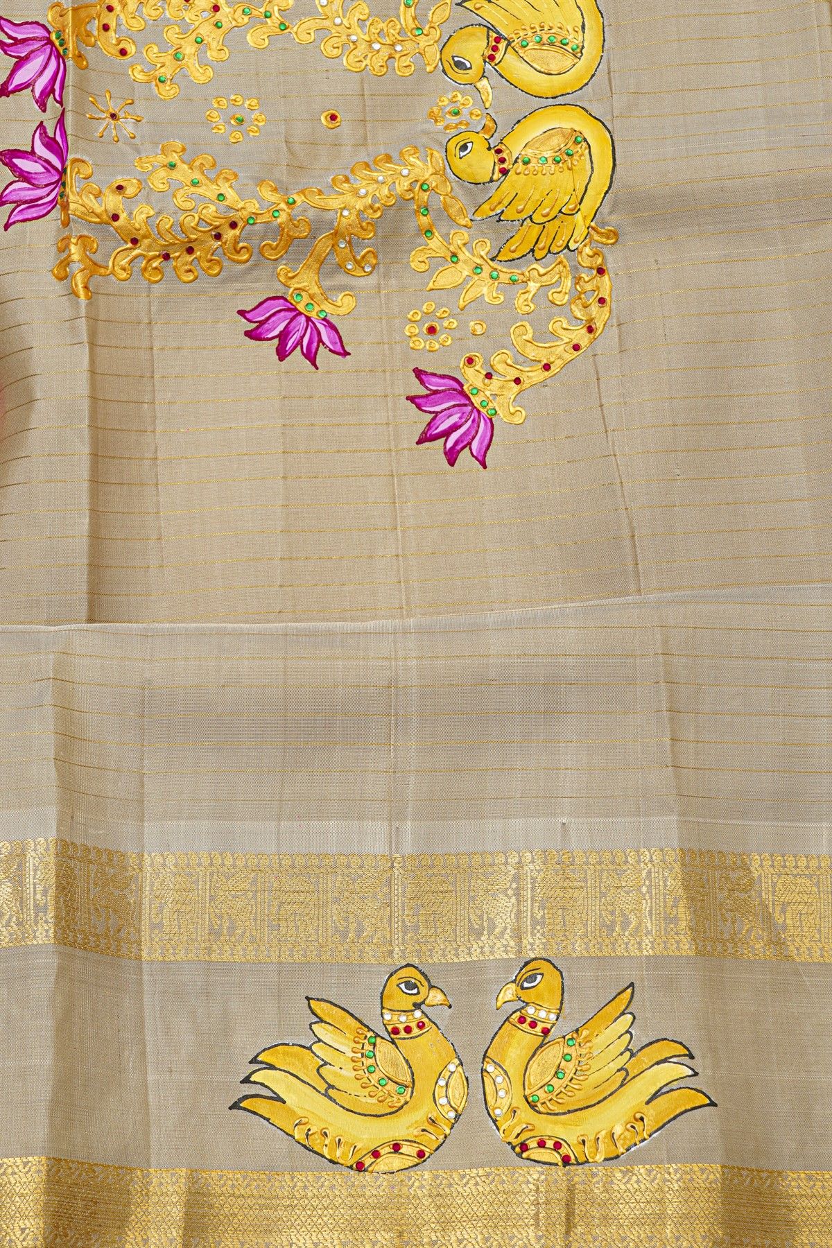 Gadwal Silk Purple Saree With Tanjore Hand-Painted Florals And Swans Border