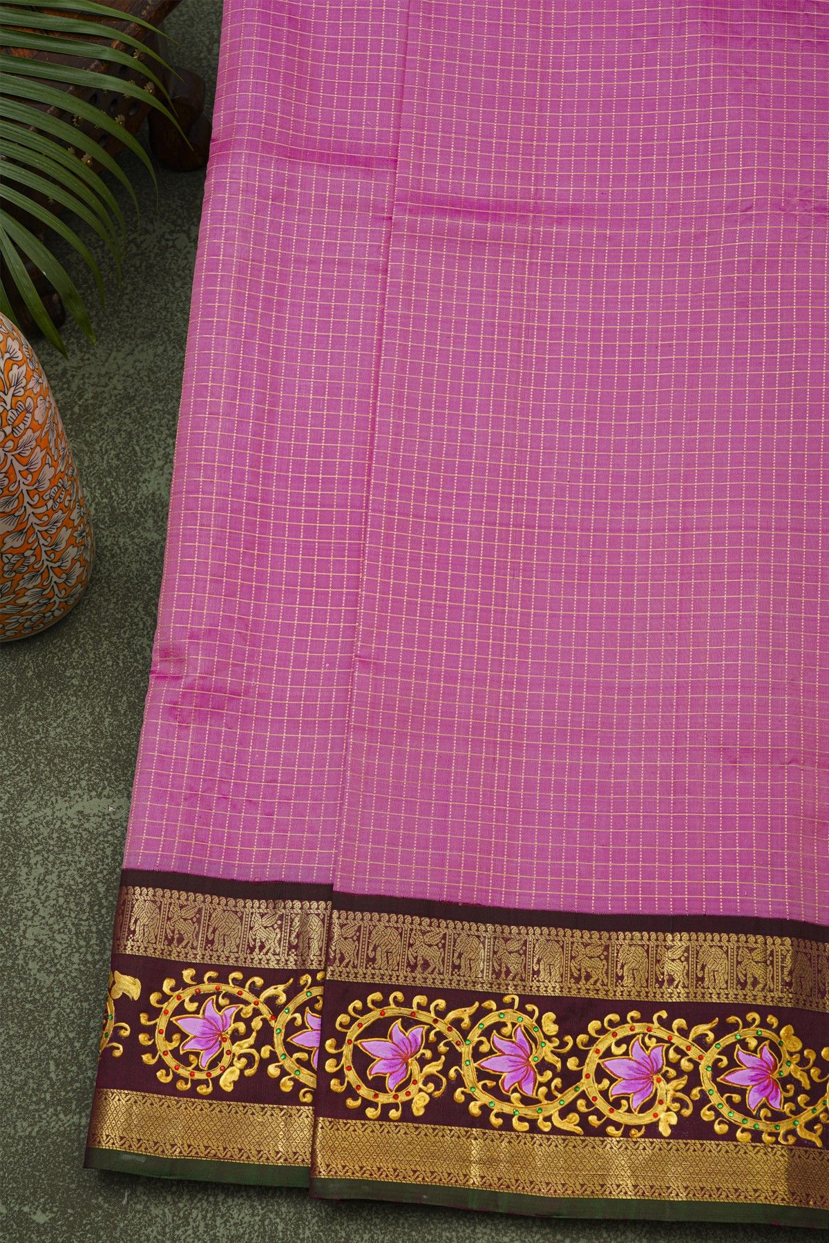 Gadwal Silk Pink Saree With Tanjore Hand-Painted Florals Border