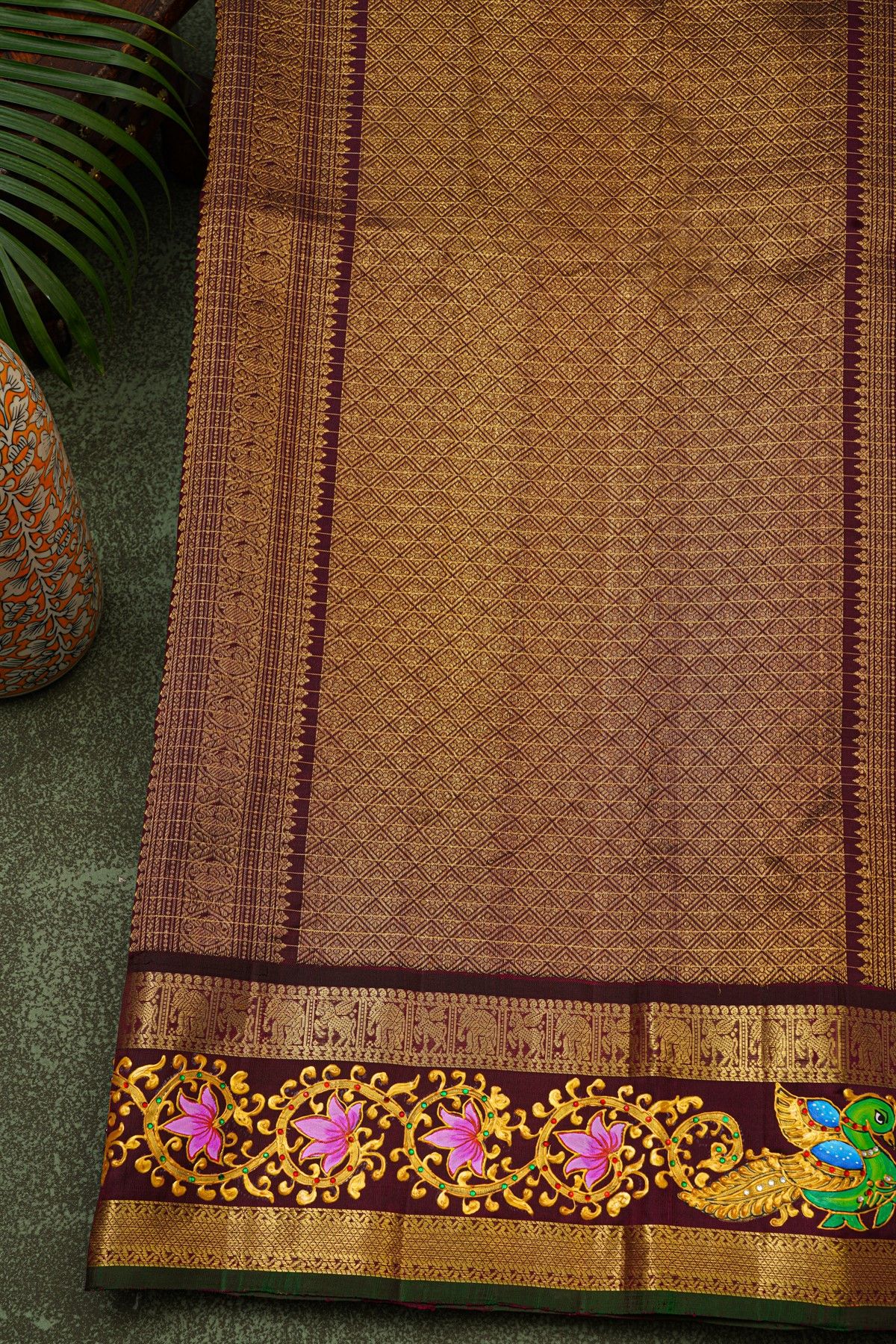 Gadwal Silk Pink Saree With Tanjore Hand-Painted Florals Border