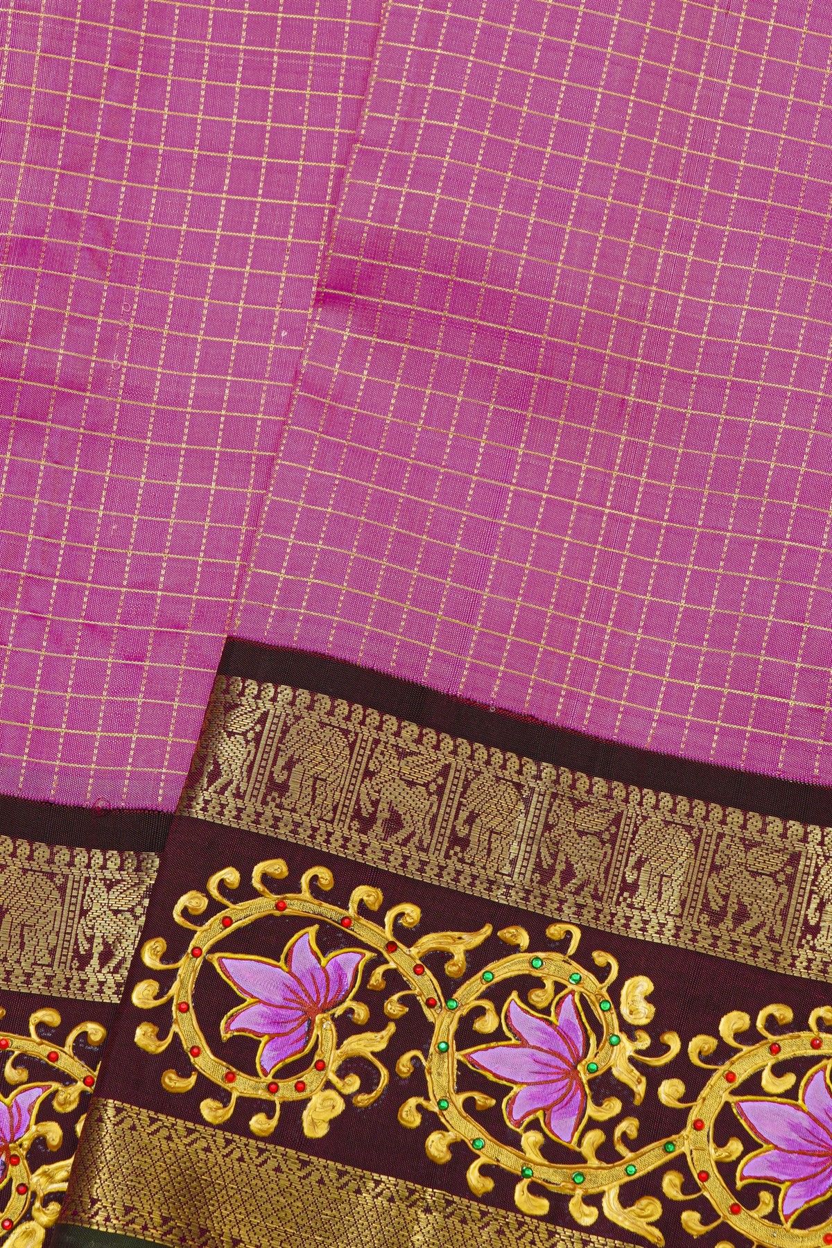 Gadwal Silk Pink Saree With Tanjore Hand-Painted Florals Border