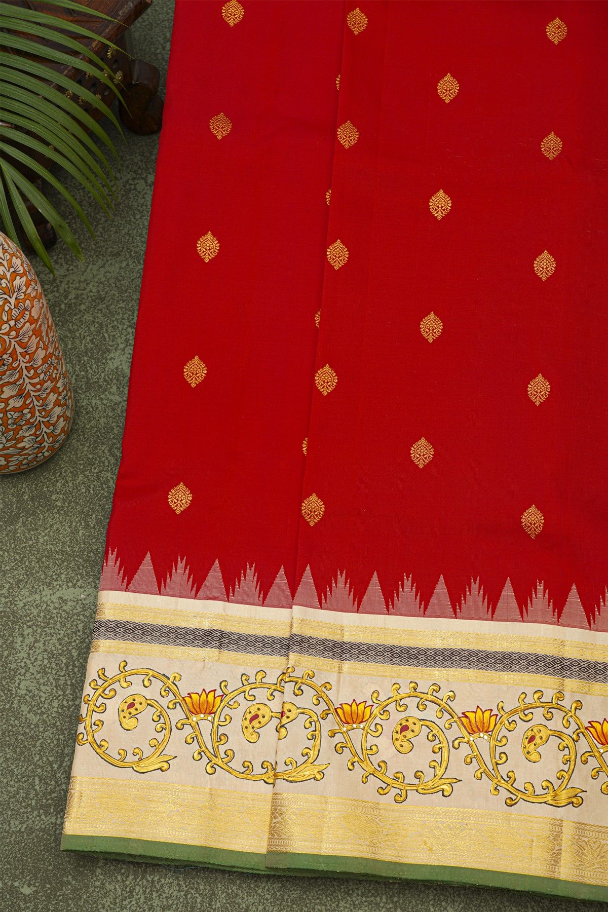 Gadwal Silk Red Saree With Tanjore Hand-Painted Florals Border