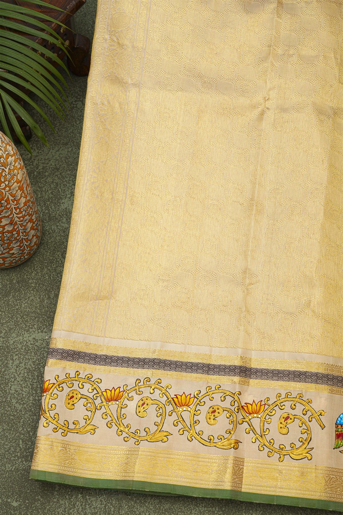 Gadwal Silk Red Saree With Tanjore Hand-Painted Florals Border
