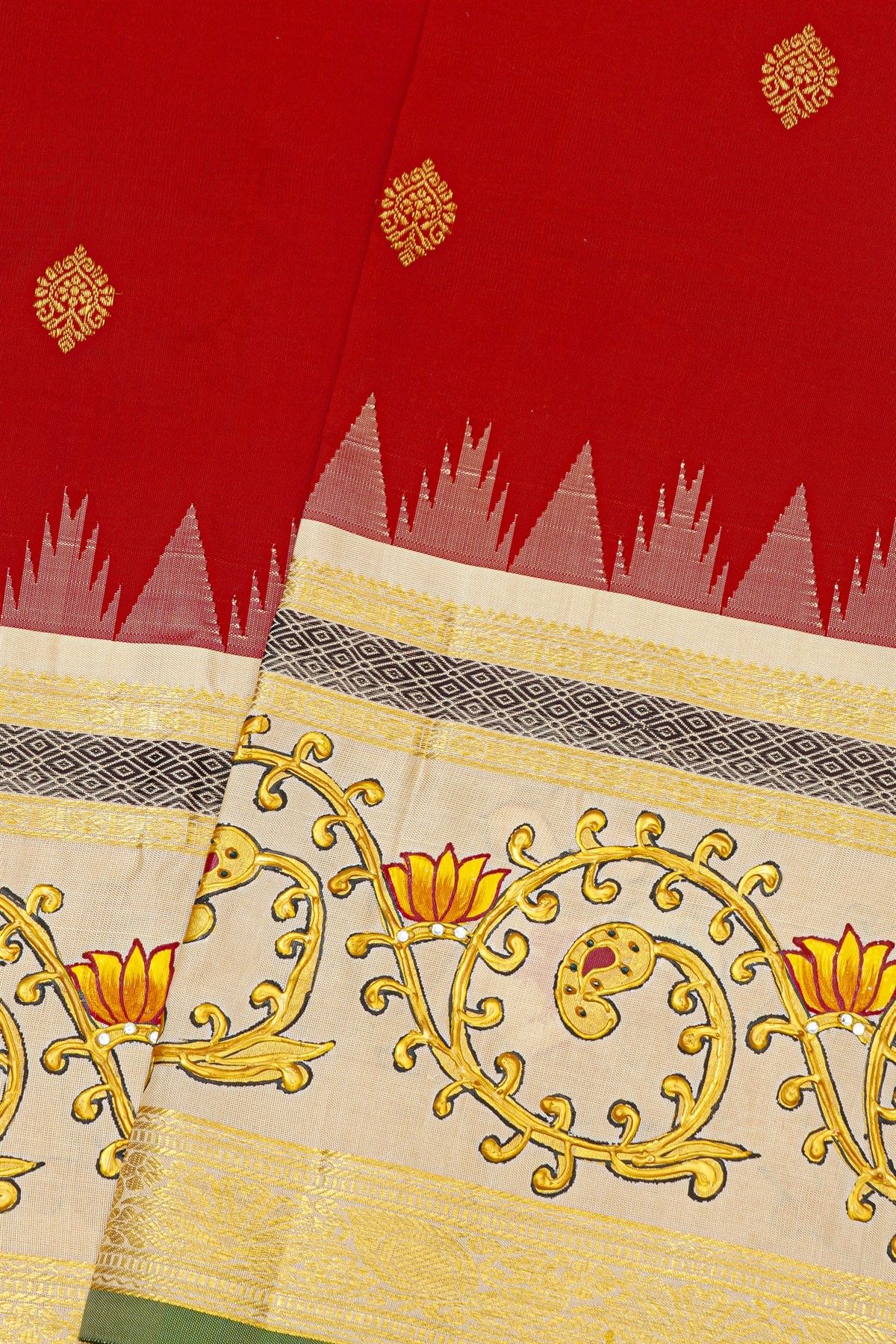 Gadwal Silk Red Saree With Tanjore Hand-Painted Florals Border